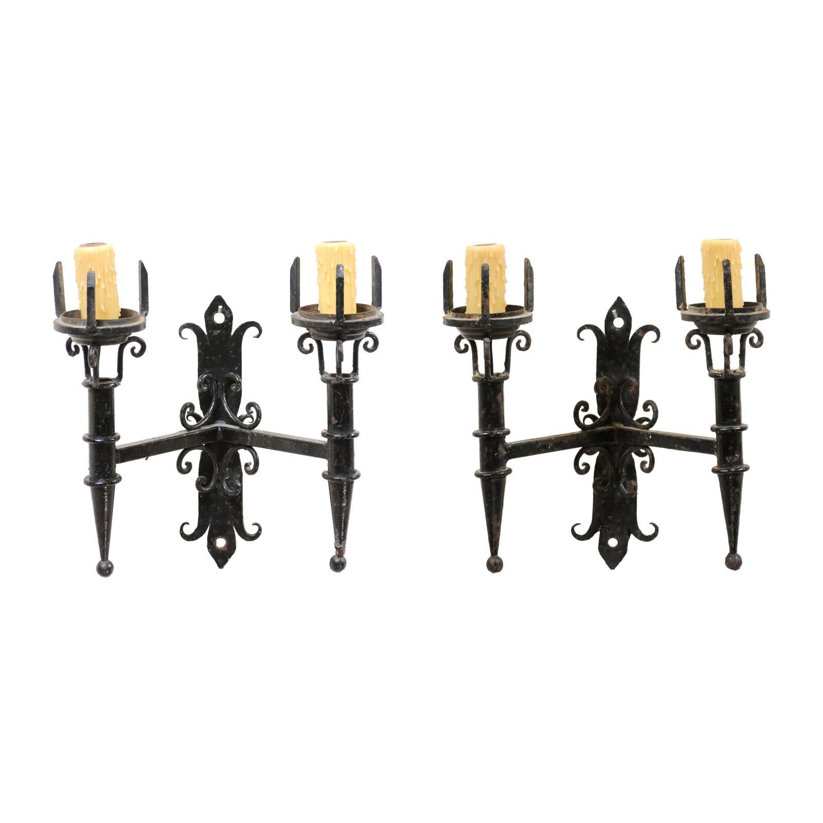 Pair of Black Painted Iron Sconces with Scroll Detail & 2 Lights, 20th Century For Sale