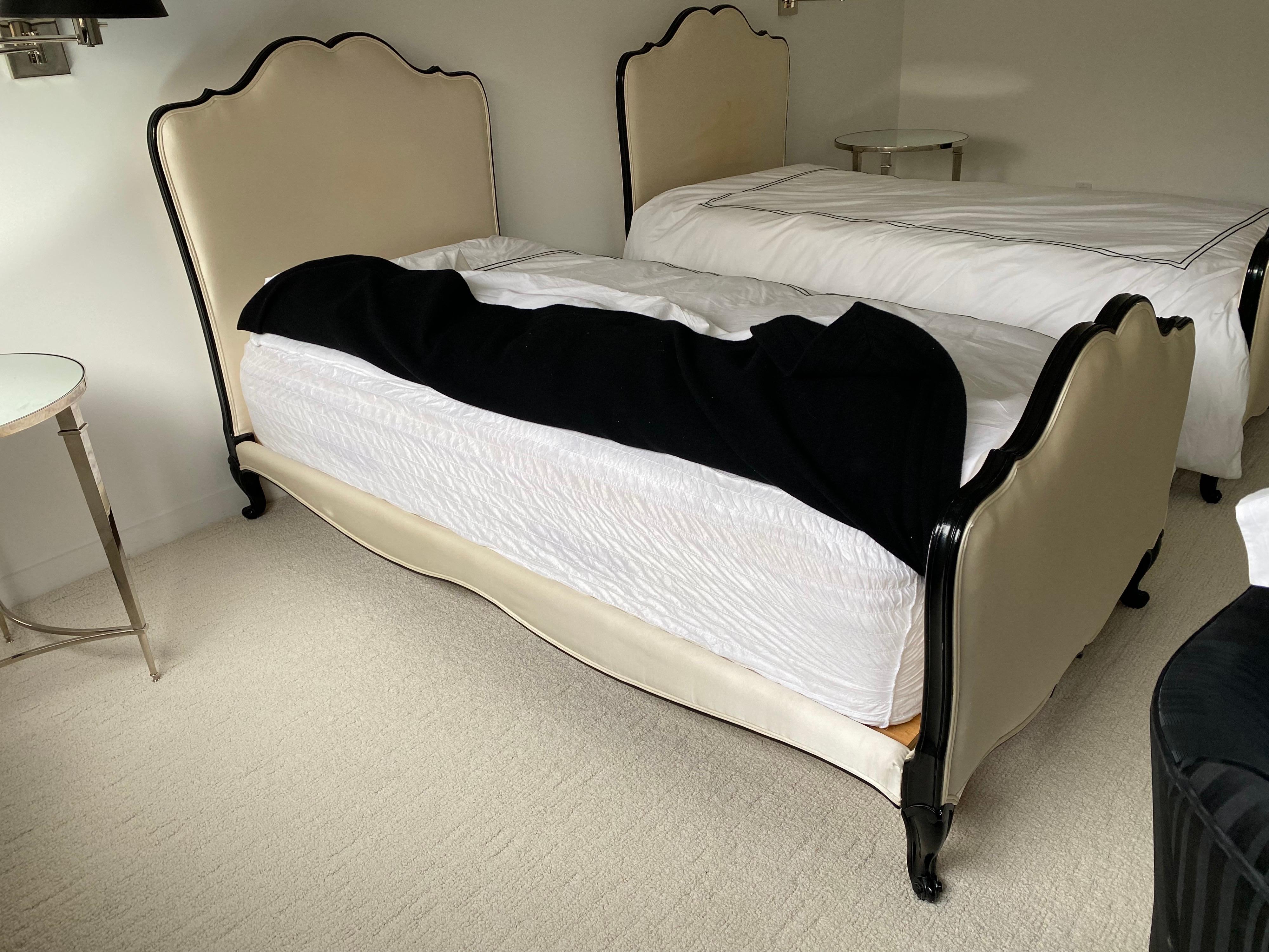 Satin Pair of Black Painted Louis XV Style Upholstered Twin Bed Frames