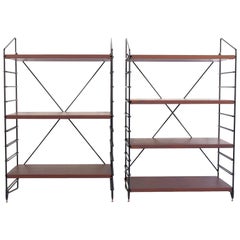 Pair of Black Painted Metal and Teak Shelves