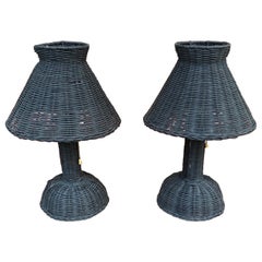 Pair of Black Painted Small Wicker Bedside or Table Lamps
