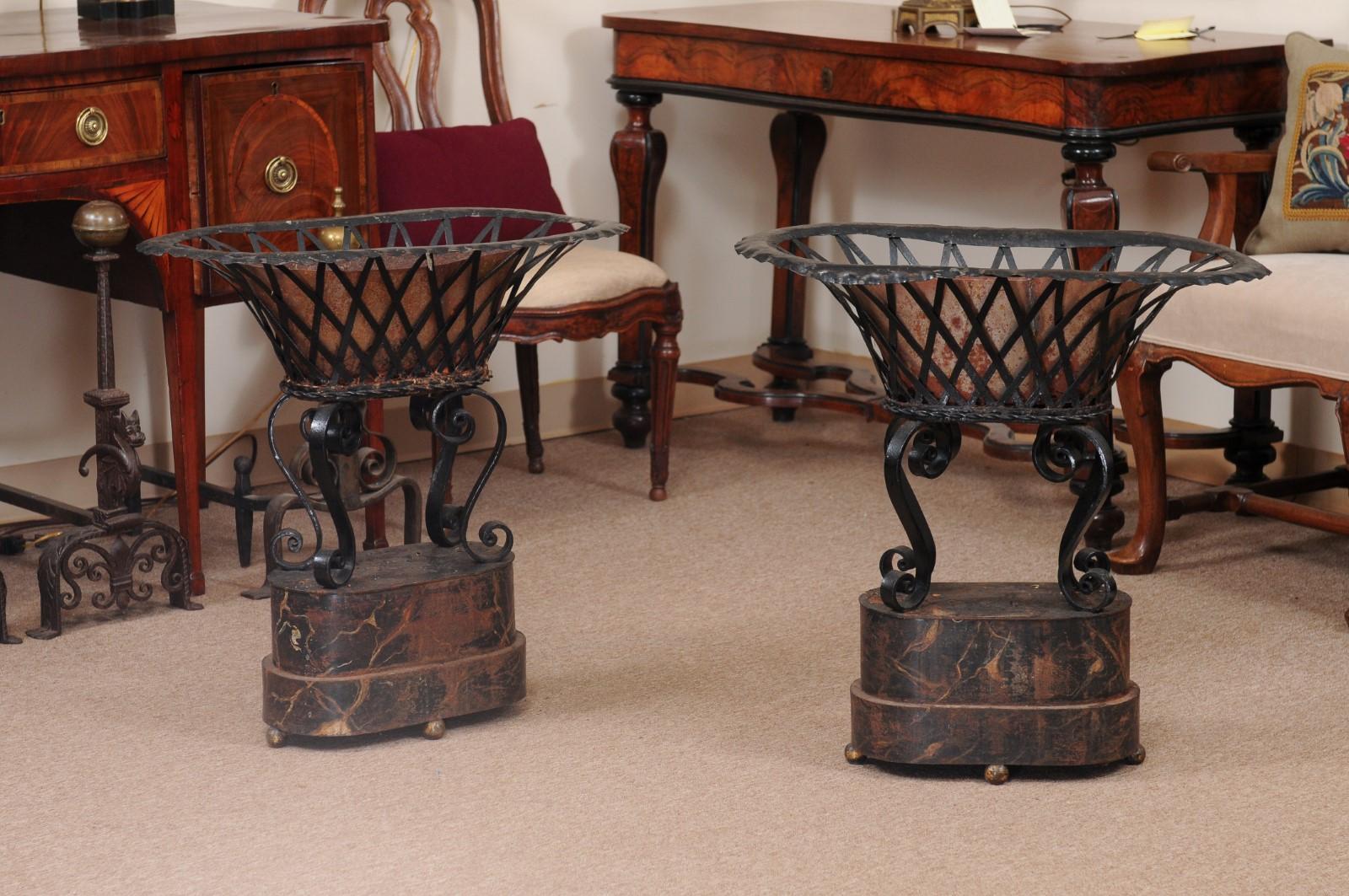 Pair of Black Painted Tole & Iron Planters with Scroll Detail, 19th Century France.