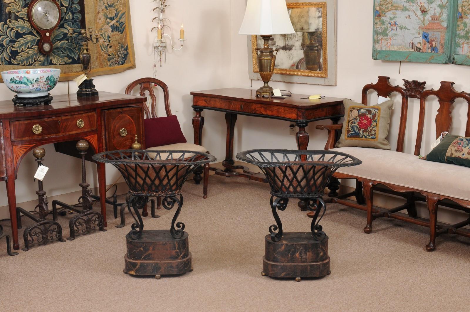 Pair of Black Painted Tole & Iron Planters with Scroll Detail, 19th Century Fran For Sale 2