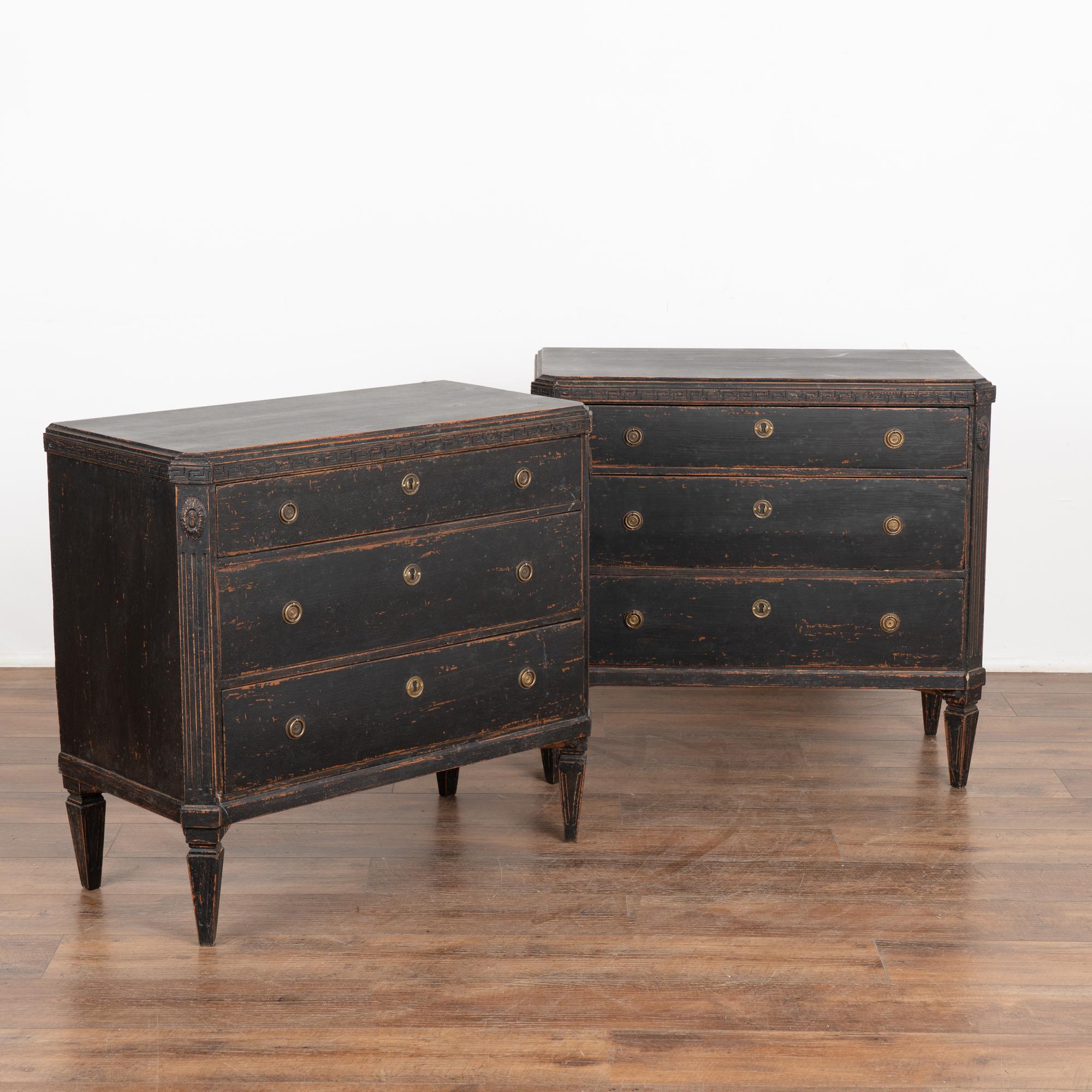 Pair, Gustavian pine chest of drawers with fluted canted sides and tapered feet, additional decorative Greek key or 