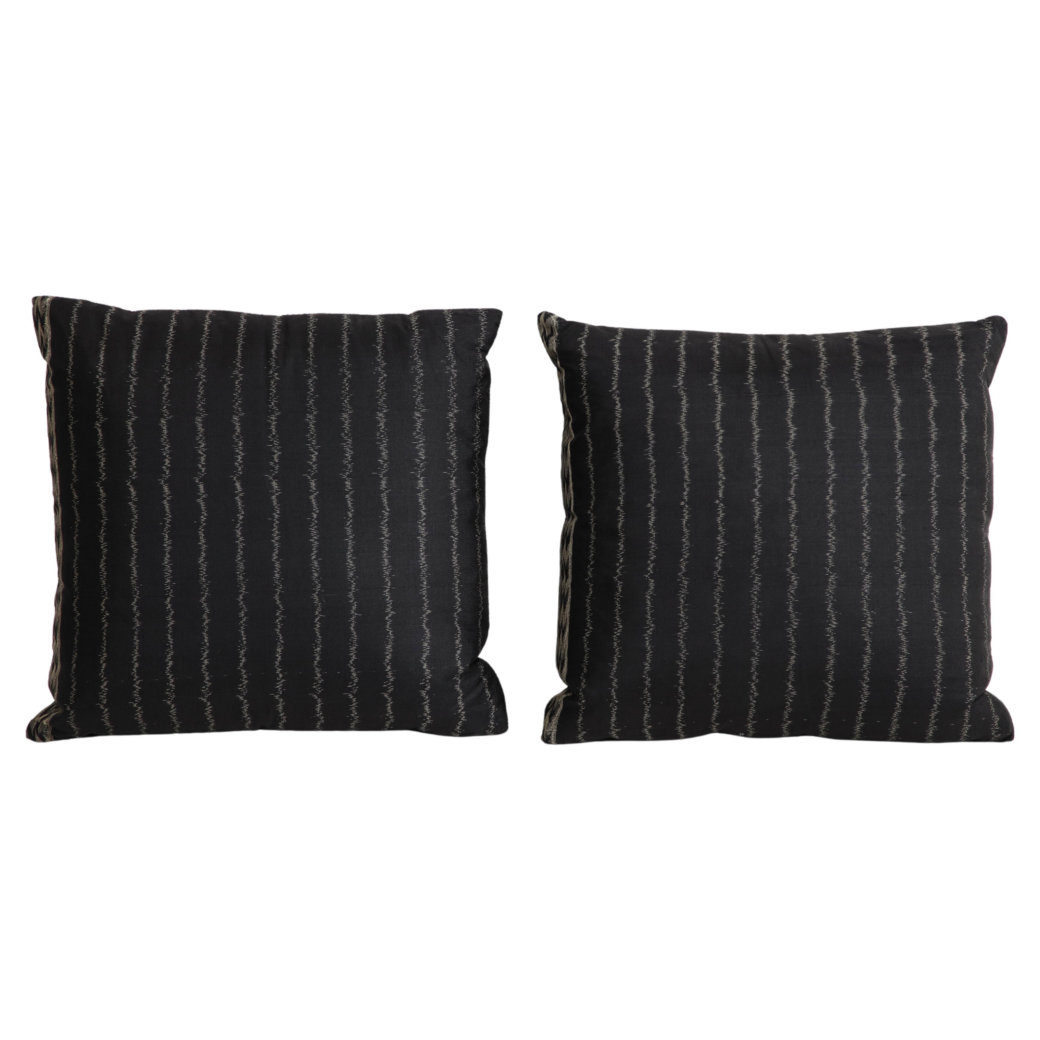 Pair of Black Pinstriped Silk Occasional Pillows  For Sale