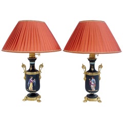 Antique Pair of Black Porcelain Lamps with Neoclassical Decor, Late 19th Century