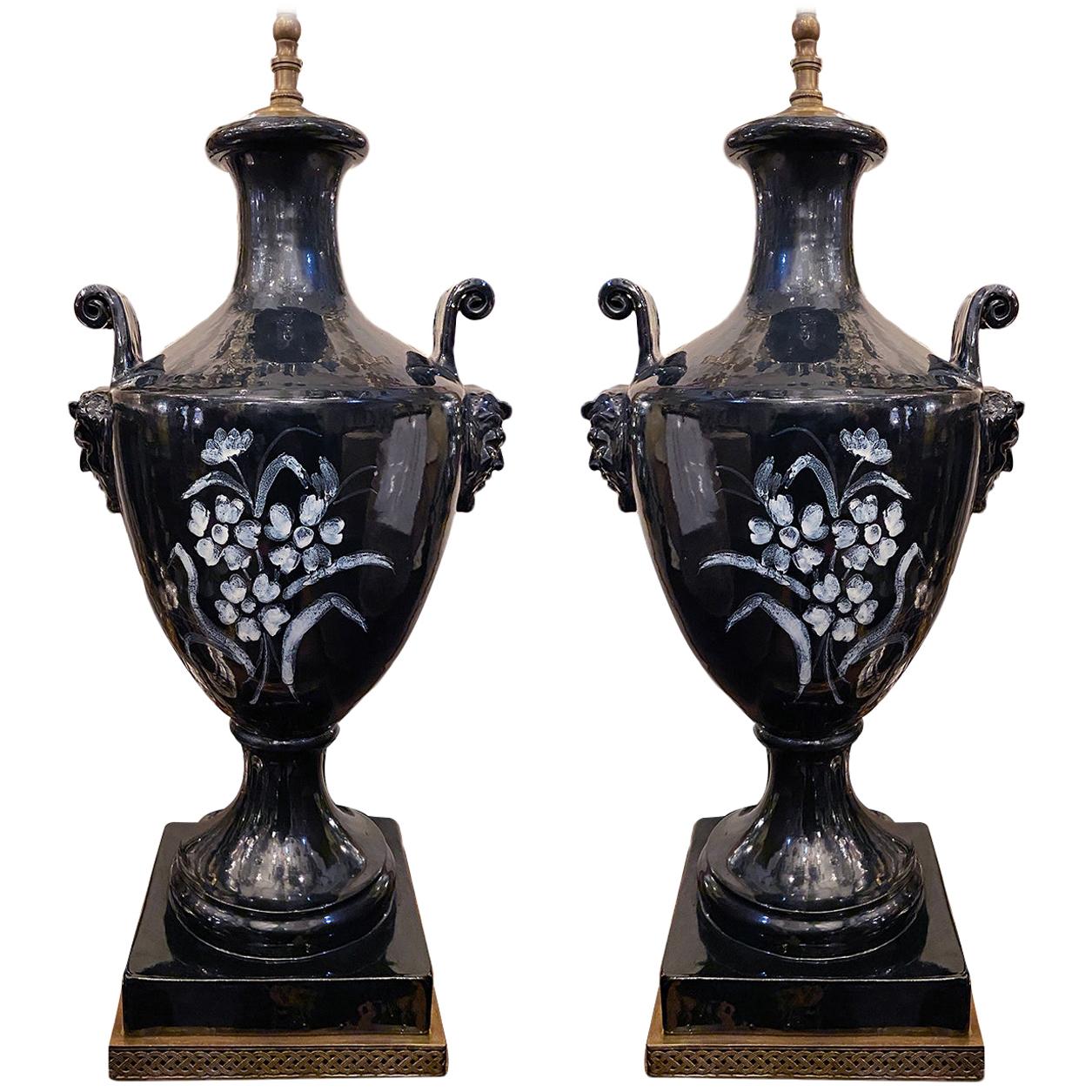 Pair of Black Porcelain Lamps with White Flowers