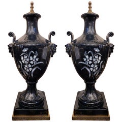 Pair of Black Porcelain Lamps with White Flowers