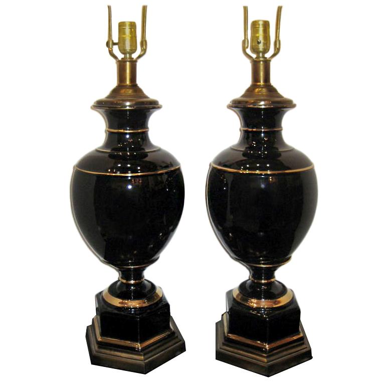 Pair of Black Porcelain Table Lamps For Sale
