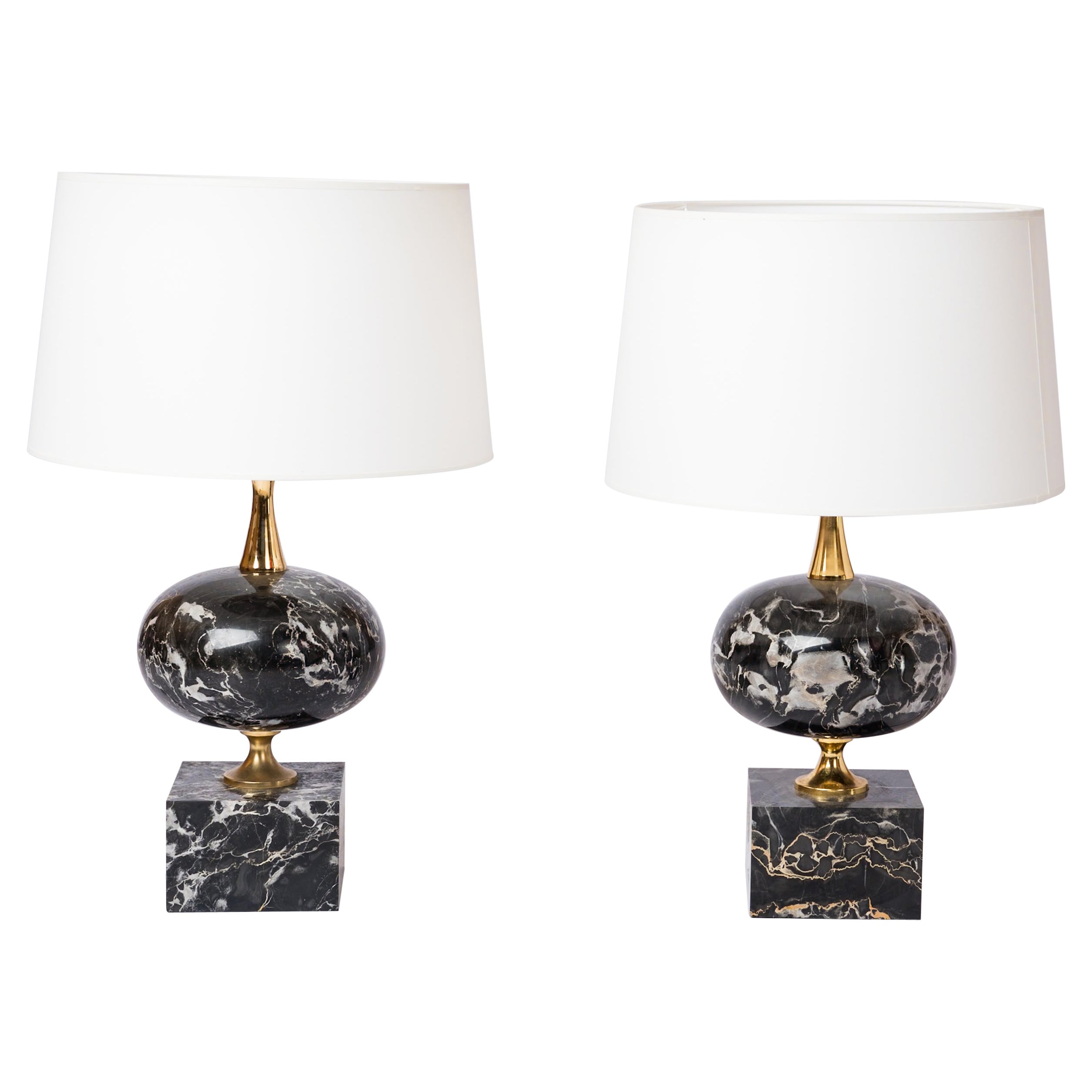 Pair of Black Portor Marble Table Lamps by Philippe Barbier - France 1970's