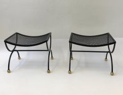 Pair of Black Powder Coated and Brass Ottomans by Salterini