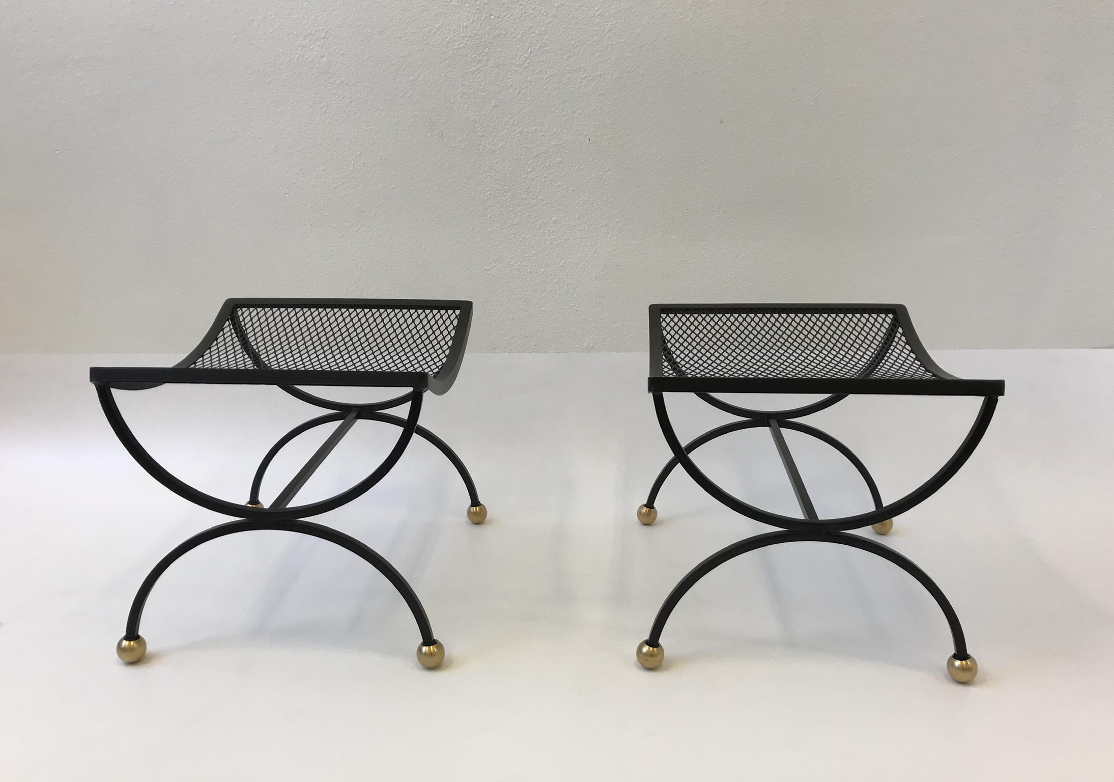 Mid-Century Modern Pair of Black Powder Coated and Brass Ottomans by Salterini 