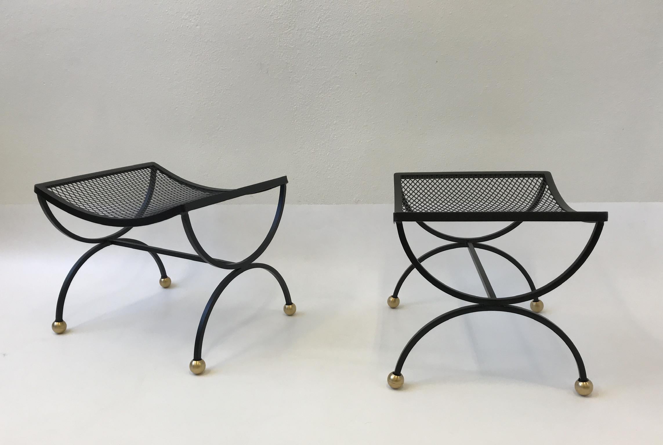 American Pair of Black Powder Coated and Brass Ottomans by Salterini 