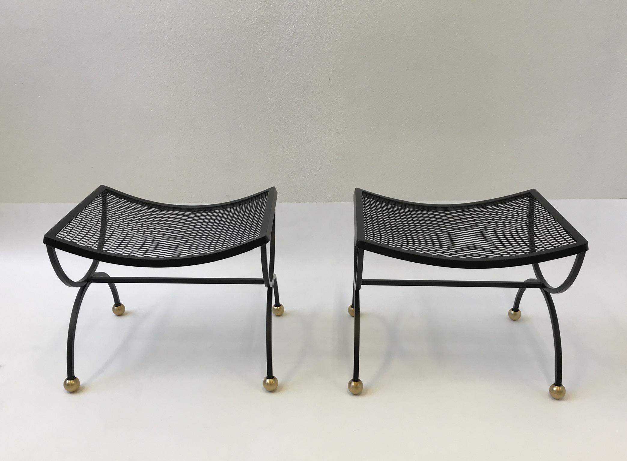 Powder-Coated Pair of Black Powder Coated and Brass Ottomans by Salterini 