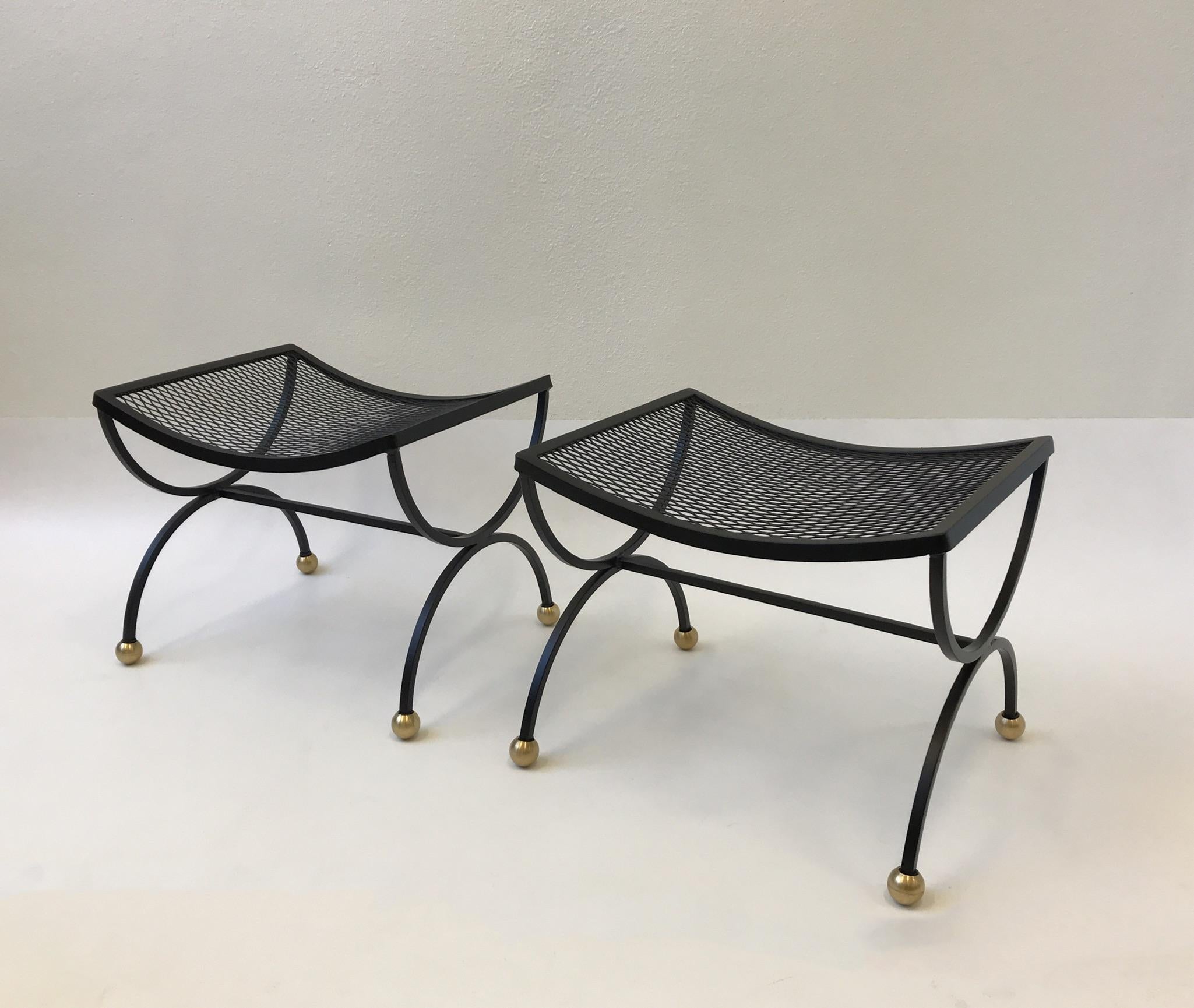 Pair of Black Powder Coated and Brass Ottomans by Salterini  In Excellent Condition In Palm Springs, CA