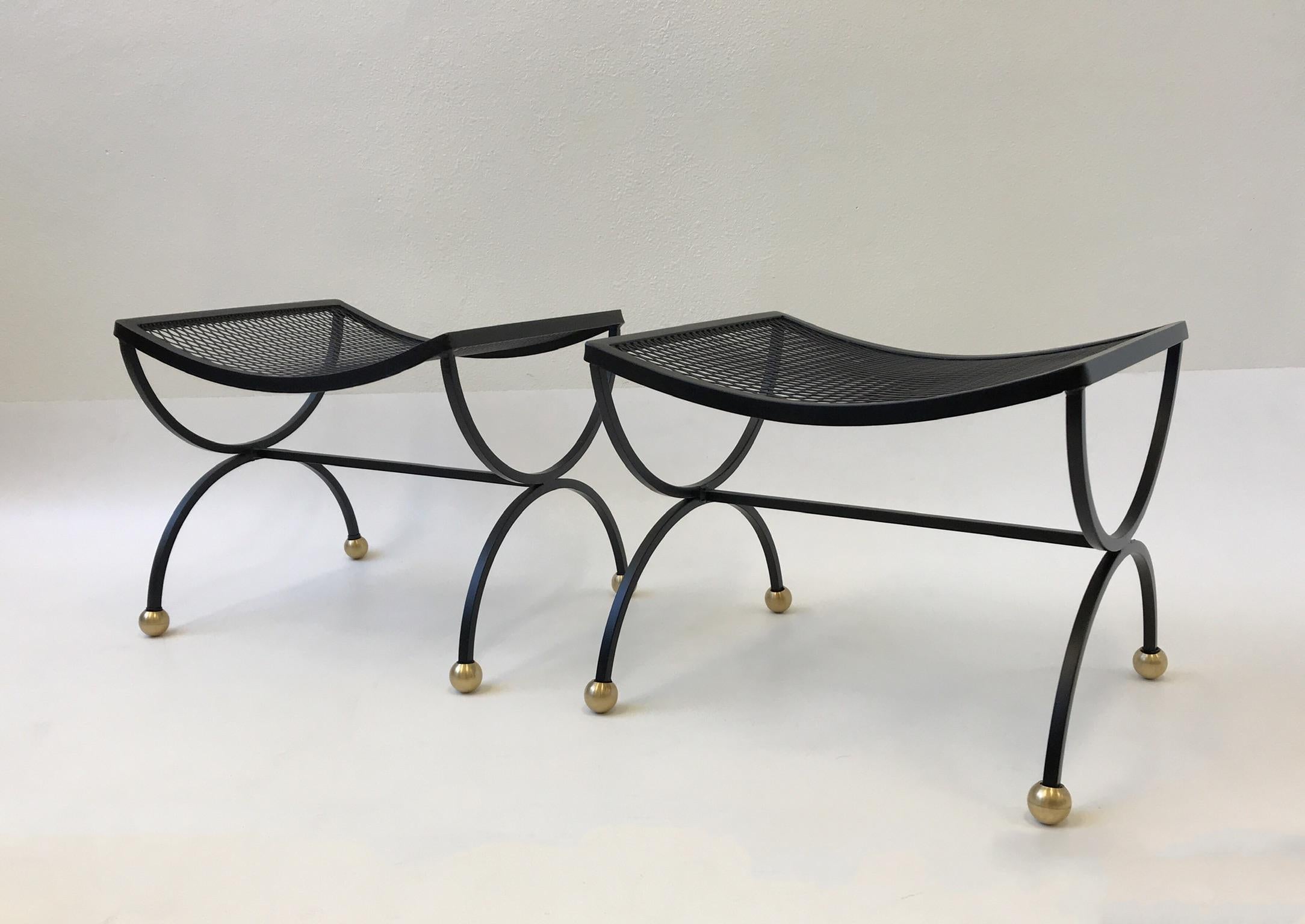 Mid-20th Century Pair of Black Powder Coated and Brass Ottomans by Salterini 