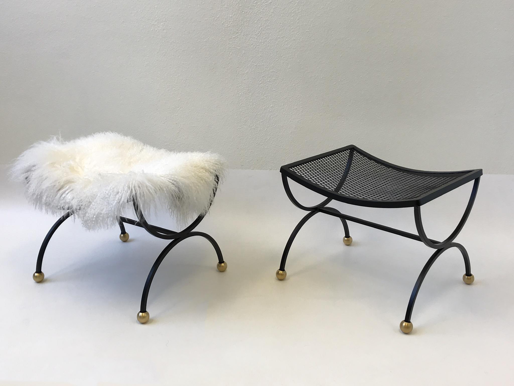 Pair of Black Powder Coated and Brass Ottomans by Salterini  1