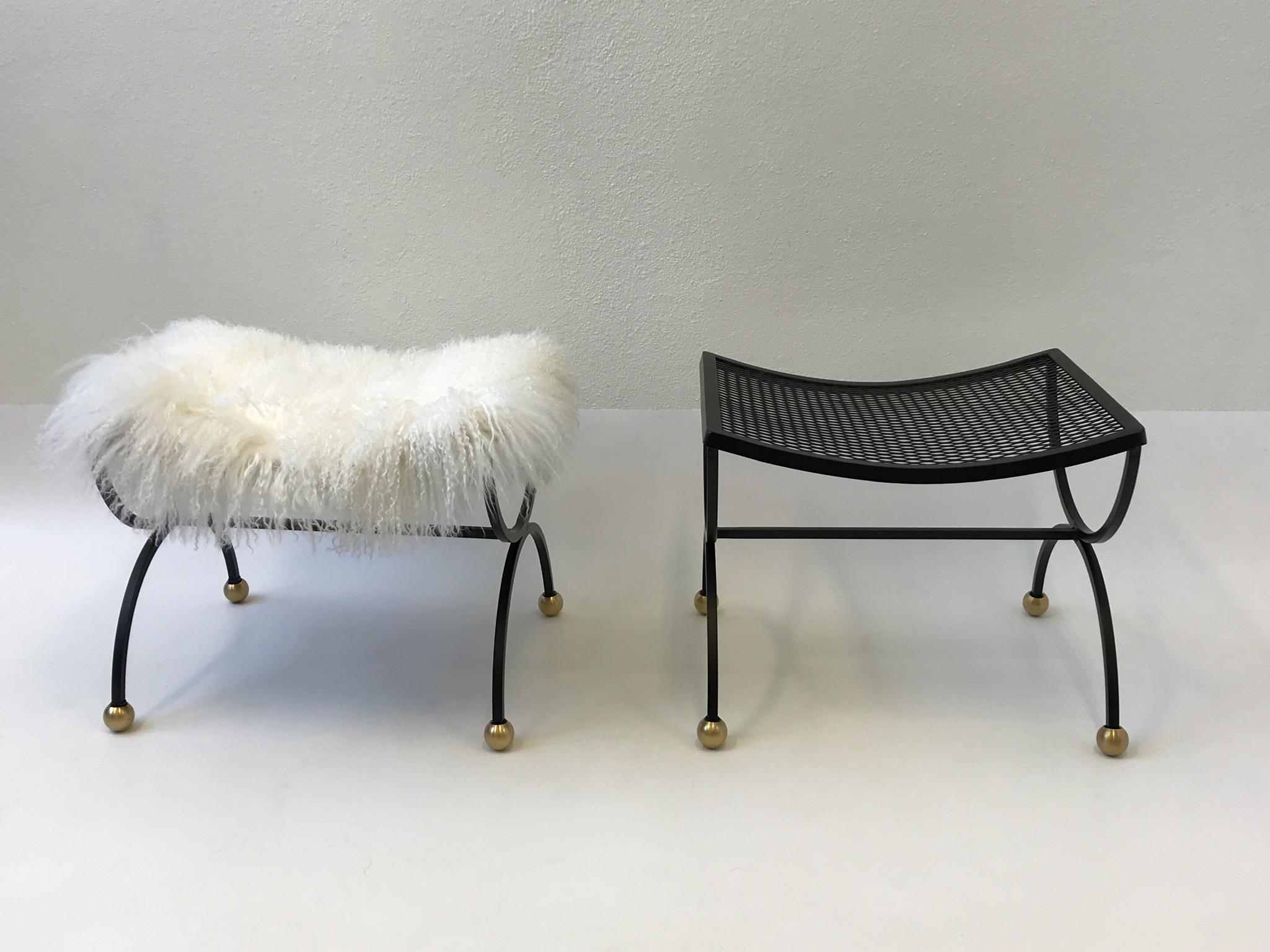 Pair of Black Powder Coated and Brass Ottomans by Salterini  2