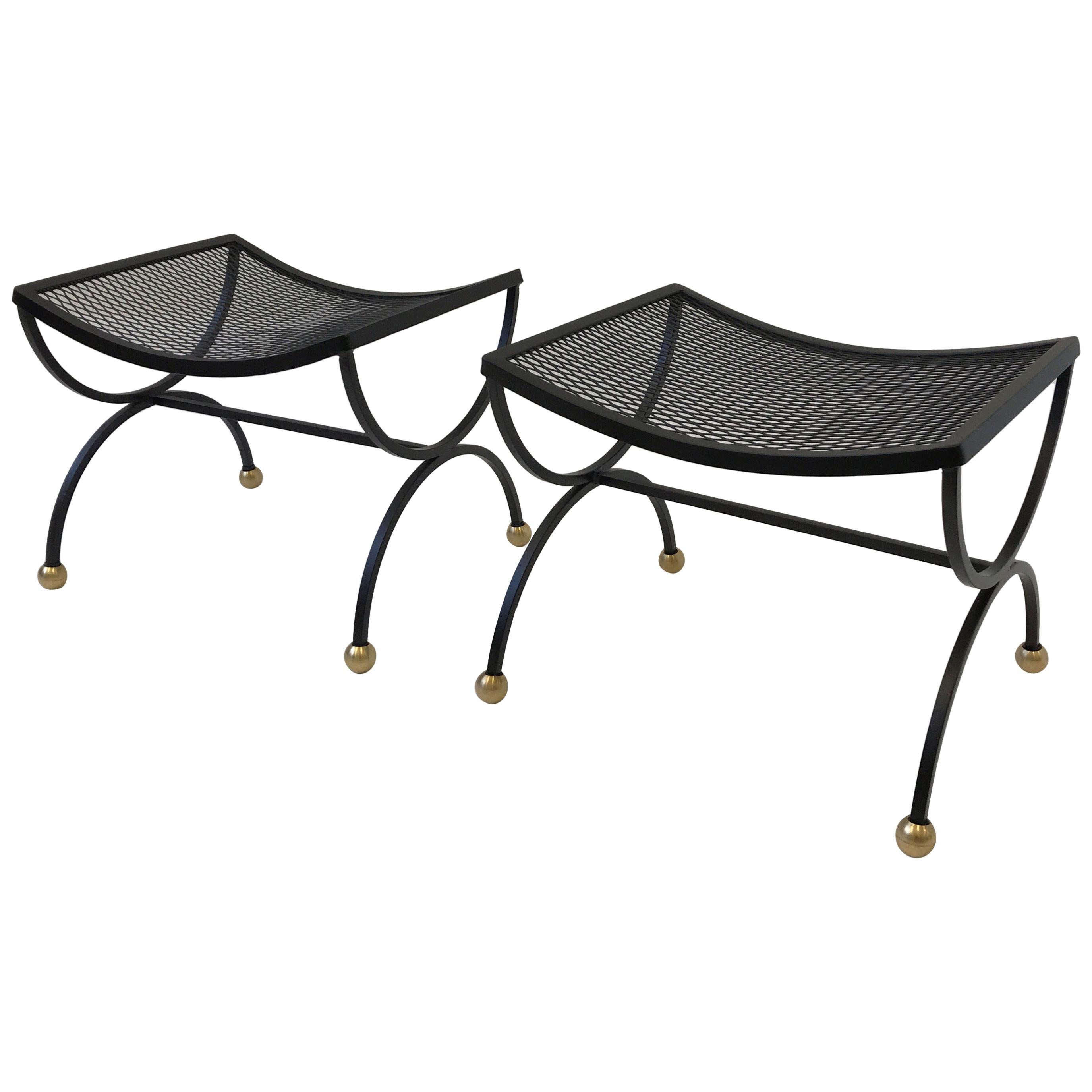 Pair of Black Powder Coated and Brass Ottomans by Salterini 