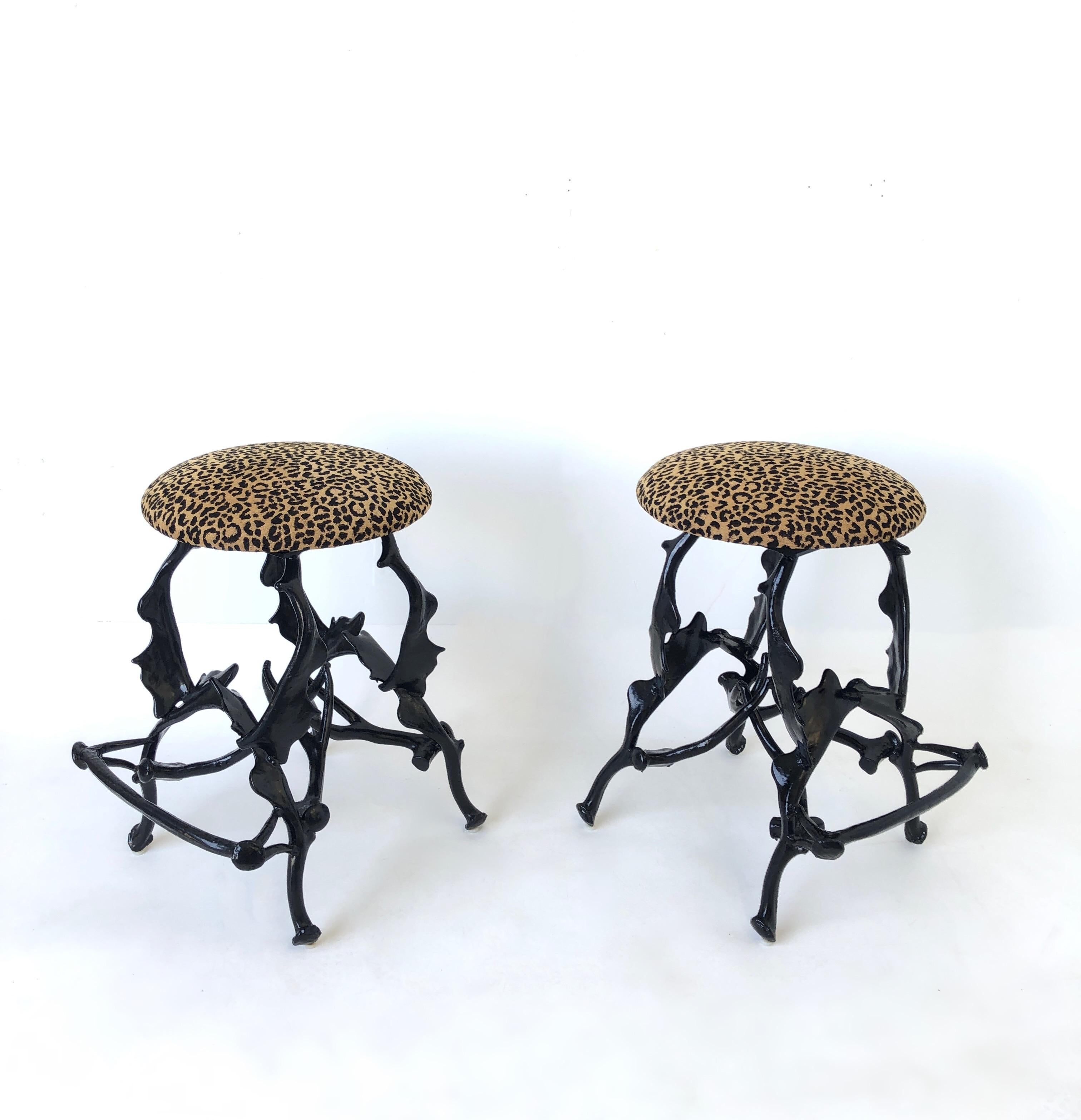 Regency Pair of Black Powder Coated Faux Antler Bar Stools by Arthur Court For Sale