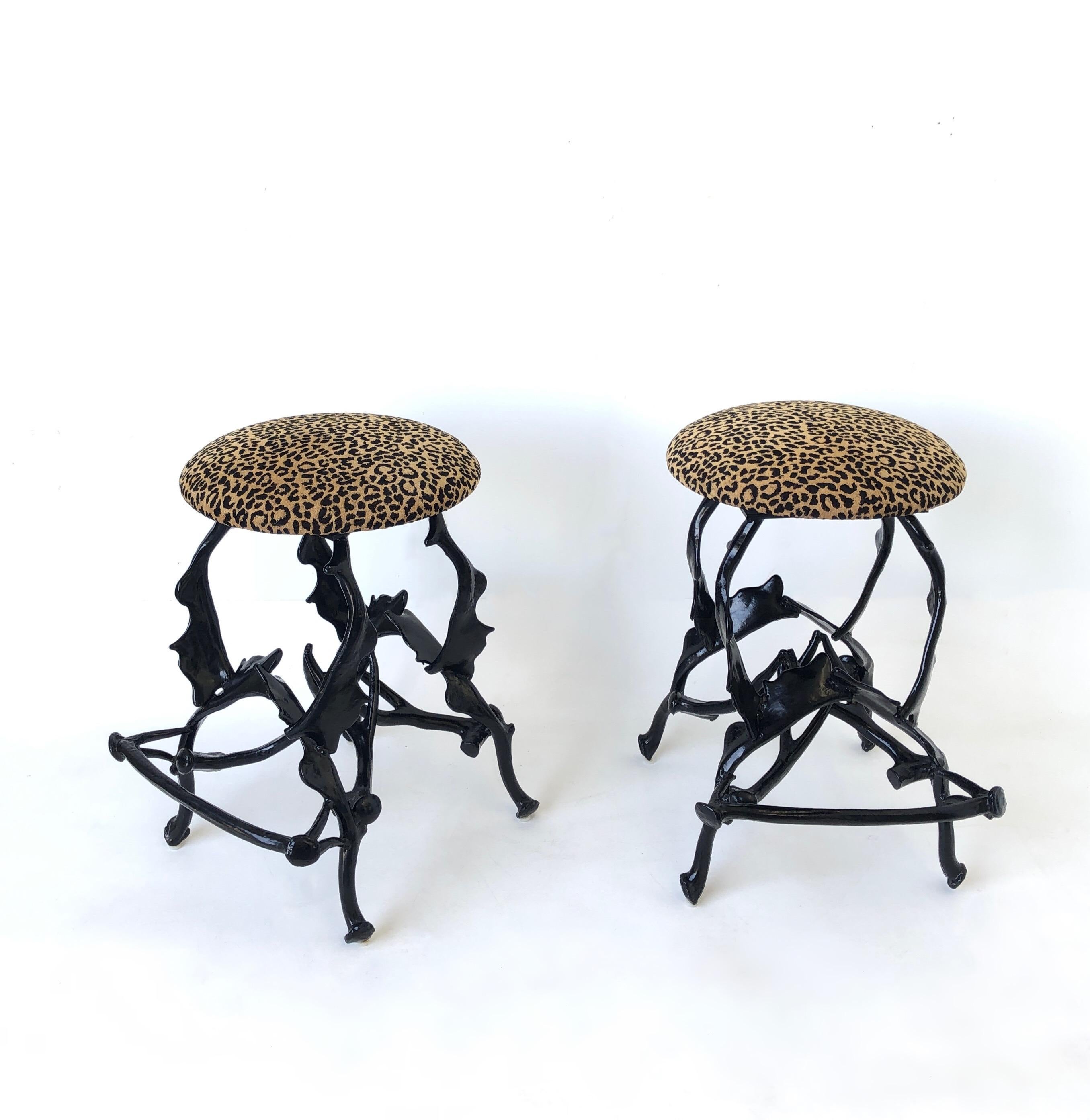 American Pair of Black Powder Coated Faux Antler Bar Stools by Arthur Court For Sale