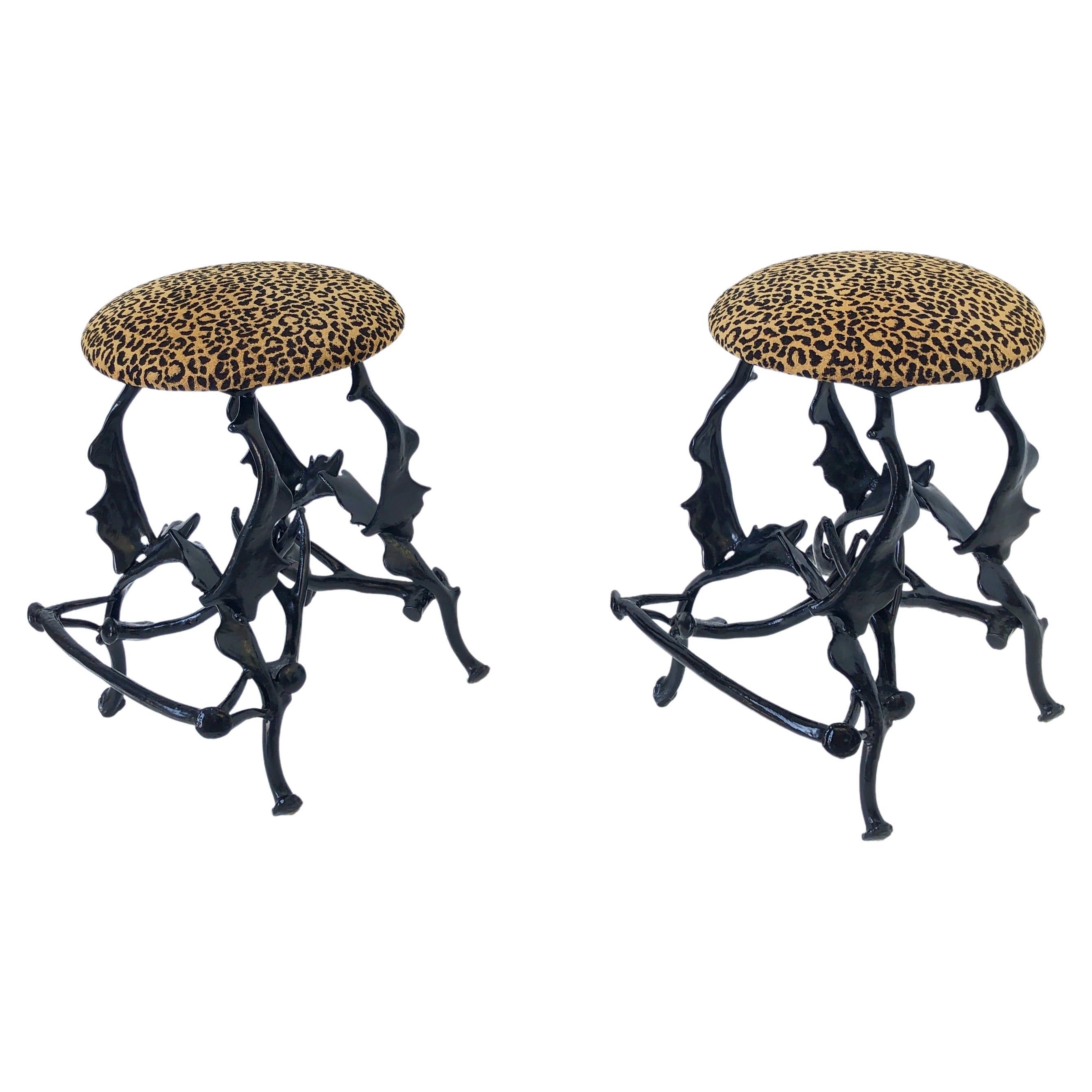 Pair of Black Powder Coated Faux Antler Bar Stools by Arthur Court
