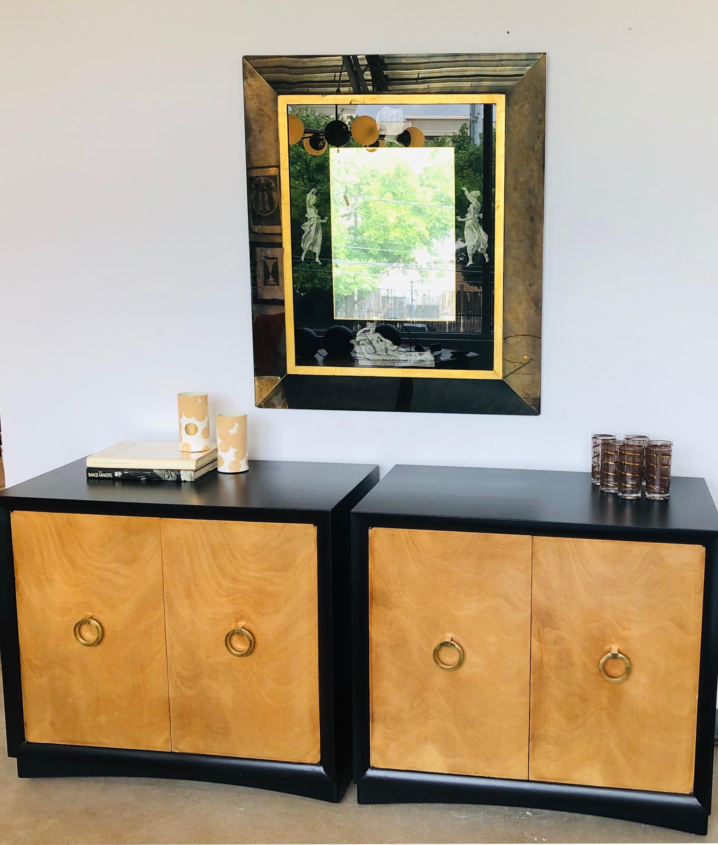 Pair of Black Refinished Wood Frame & Burl Wood Doors with Brass Pulls Cabinets For Sale 13