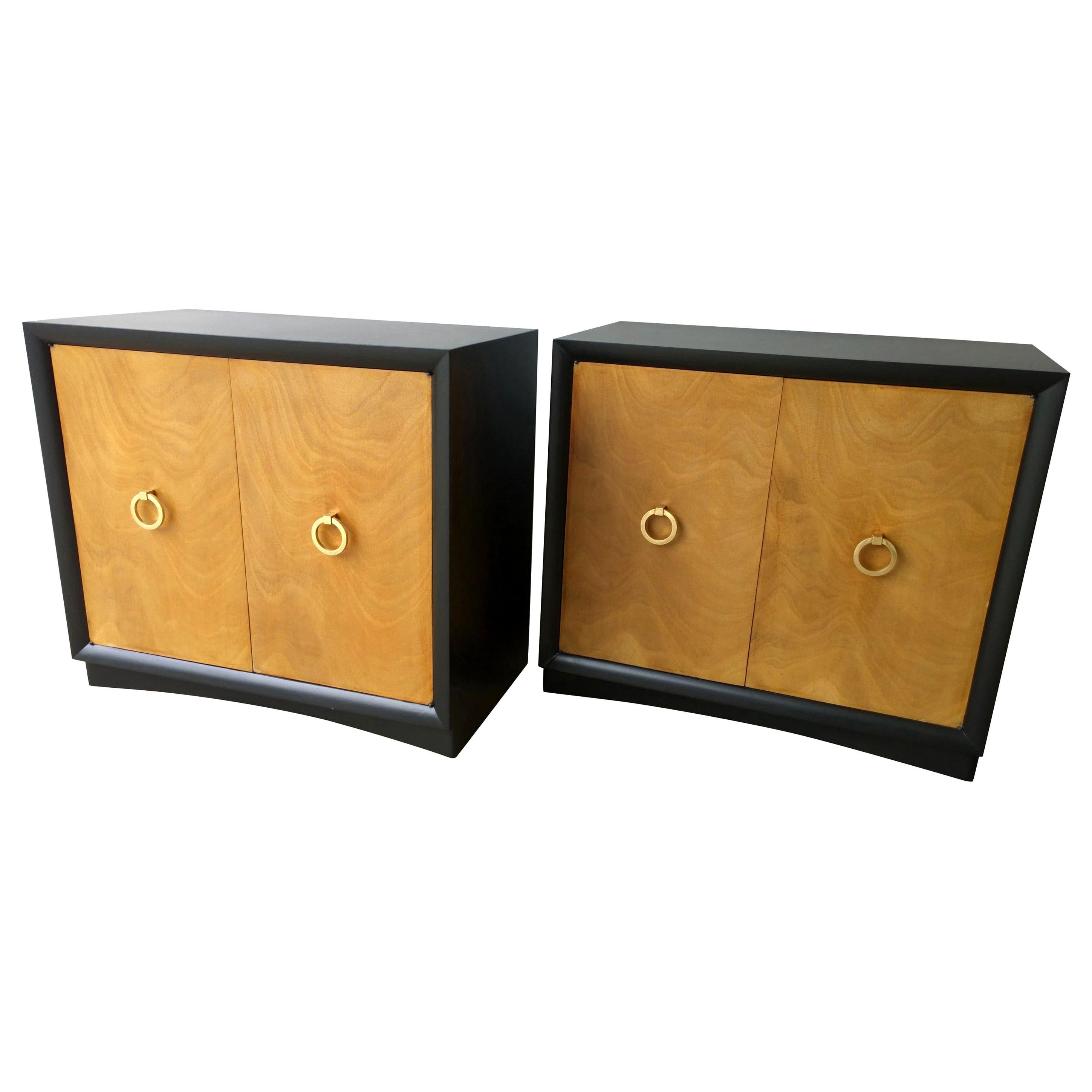 Pair of Black Refinished Wood Frame & Burl Wood Doors with Brass Pulls Cabinets For Sale