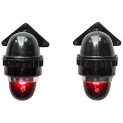 Vintage Pair of Black Signal Lamp with Red Glass, France, circa 1970