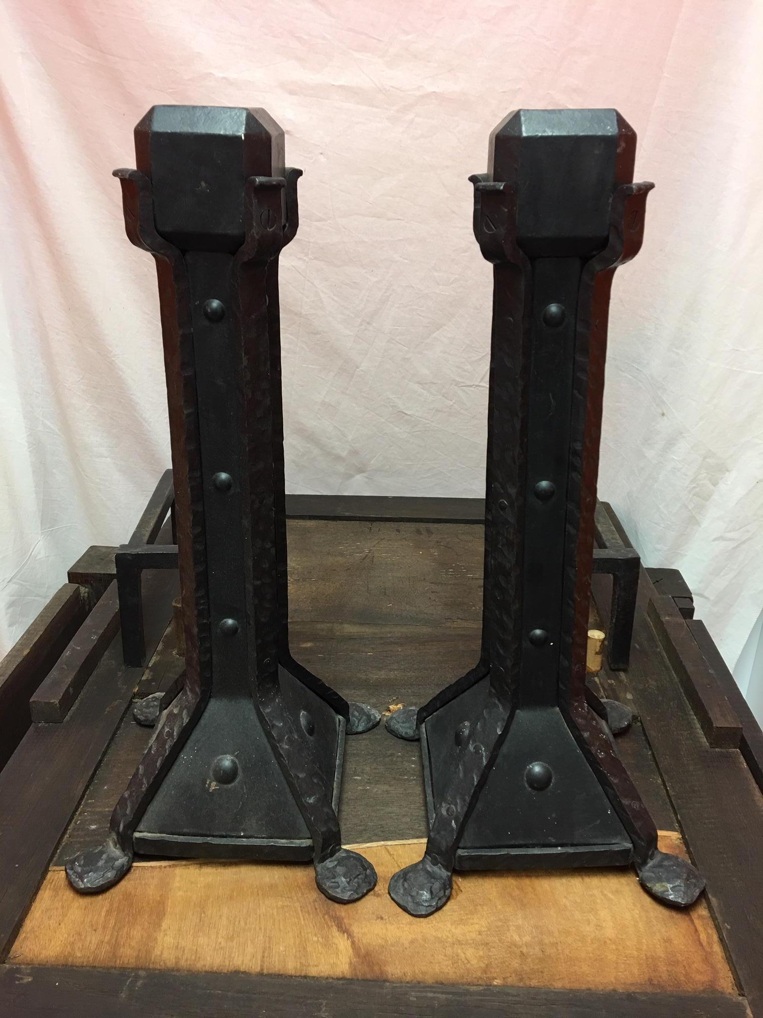 French Pair of Black Square Column Andirons, 19th Century