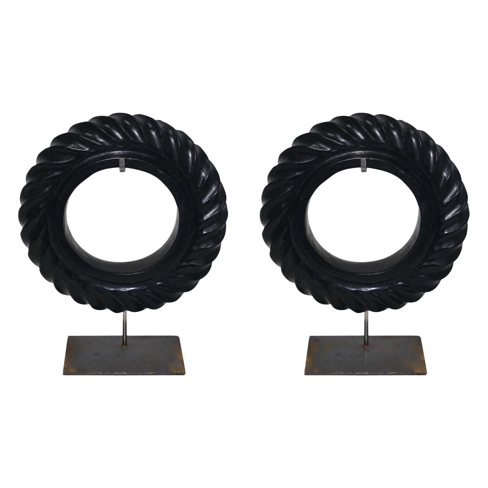 Pair of Black Stone Rope Twist Disc Sculptures, China, Contemporary