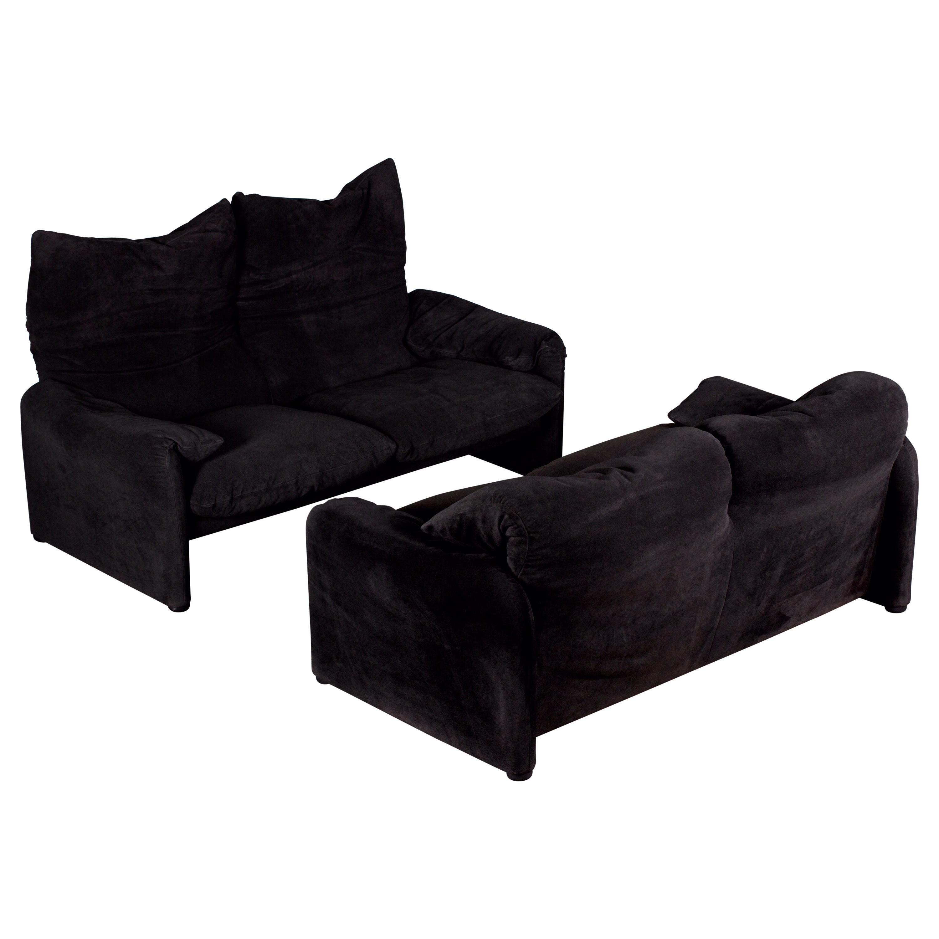 Pair of Black Suede 2-Seater Maralunga Sofas by Vico Magistretti for Cassina
