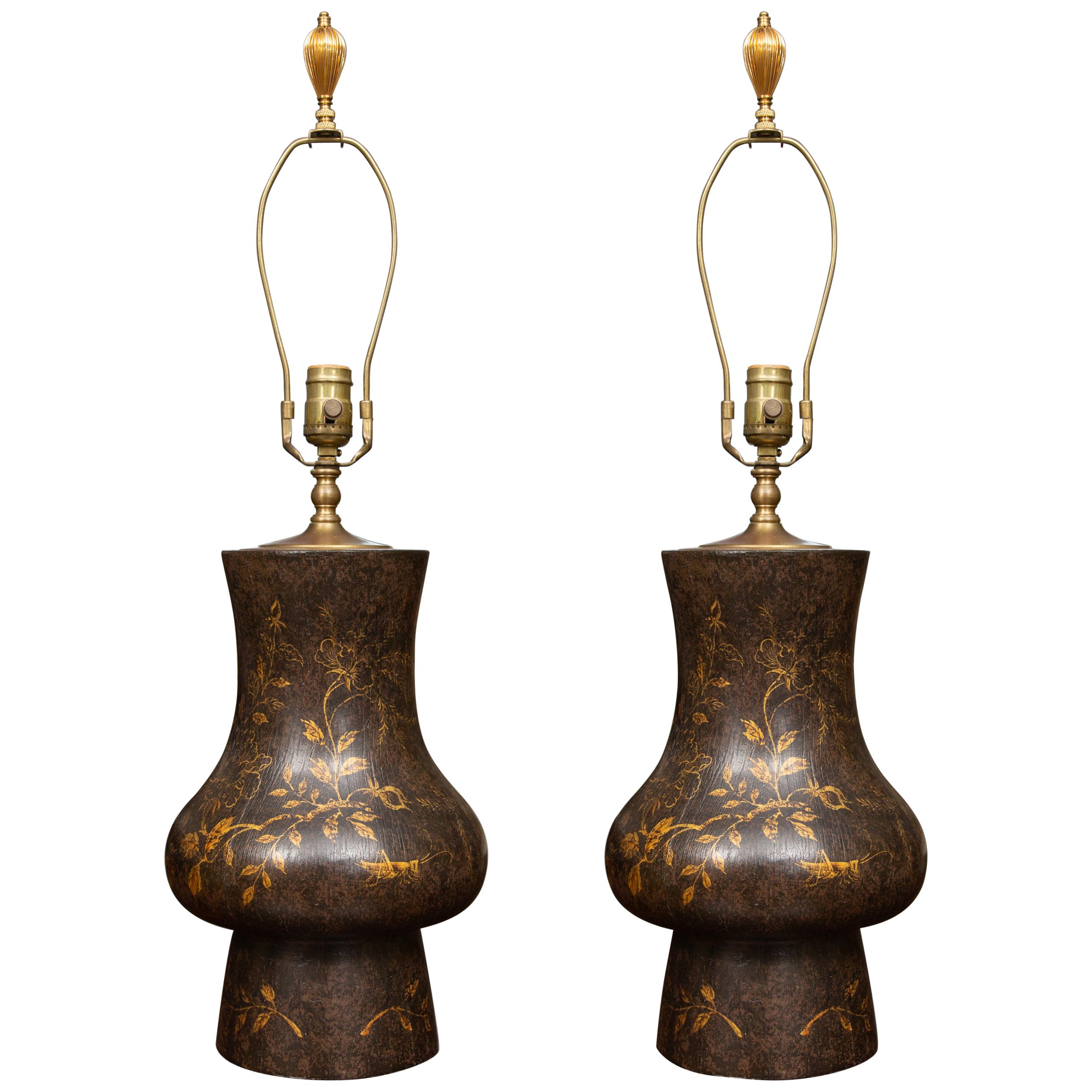 Pair of Black Table Lamps with Gilt Decoration