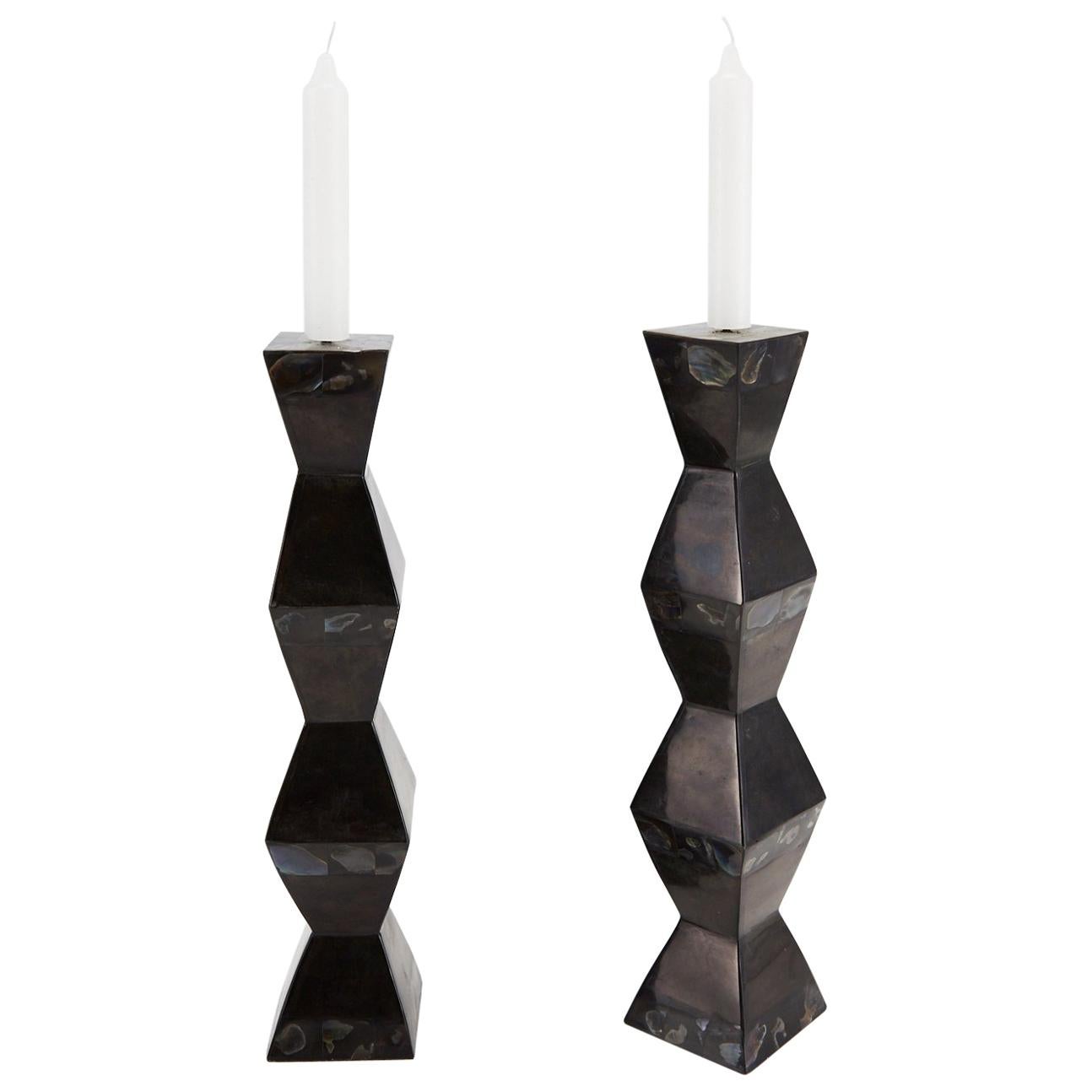 Pair of Black Tessellated Stone and Seashell "Stretch" Candlesticks, 1990s For Sale