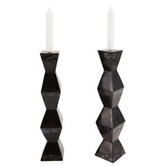 Pair of Black Tessellated Stone and Seashell "Stretch" Candlesticks, 1990s