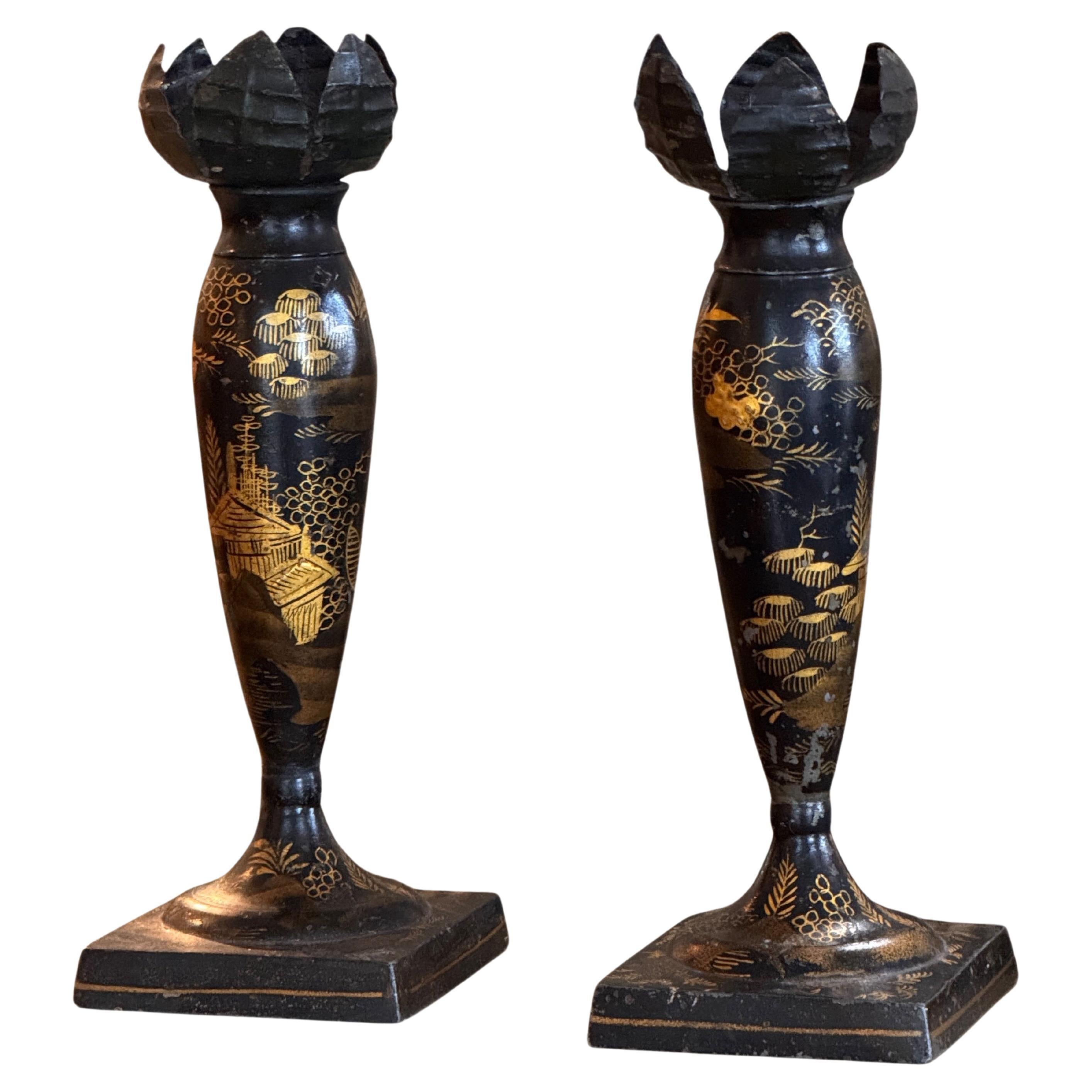 Pair of Black Tôle Candlesticks For Sale