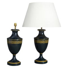 Pair of Black Tôle Greek Key Decorated Vase Lamps