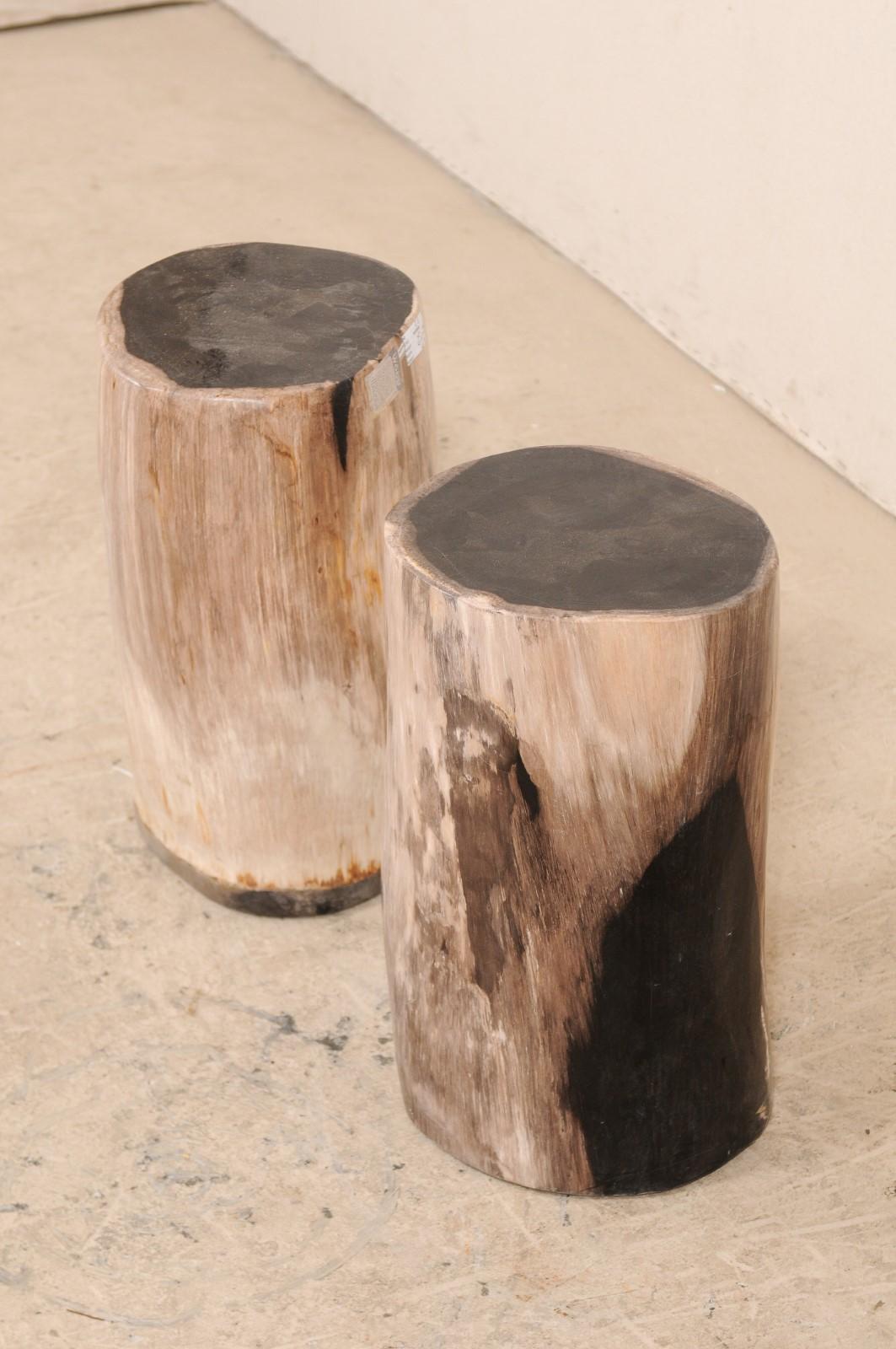 Pair of Black Topped Cream Petrified Wood Drink Tables In Good Condition In Atlanta, GA