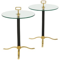 Pair of Black Tripod Side or End Tables in Murano Glass and Brass