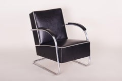 Pair of Black Tubular Steel Cantilever Armchairs, Chrome, New Upholstery, 1930s