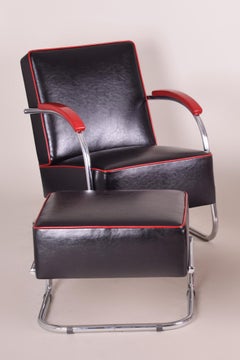 Pair of Black Tubular Steel Cantilever Armchairs, Chrome, New Upholstery, 1930s