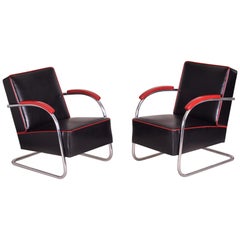 Pair of Black Tubular Steel Cantilever Armchairs, Chrome, New Upholstery, 1930s