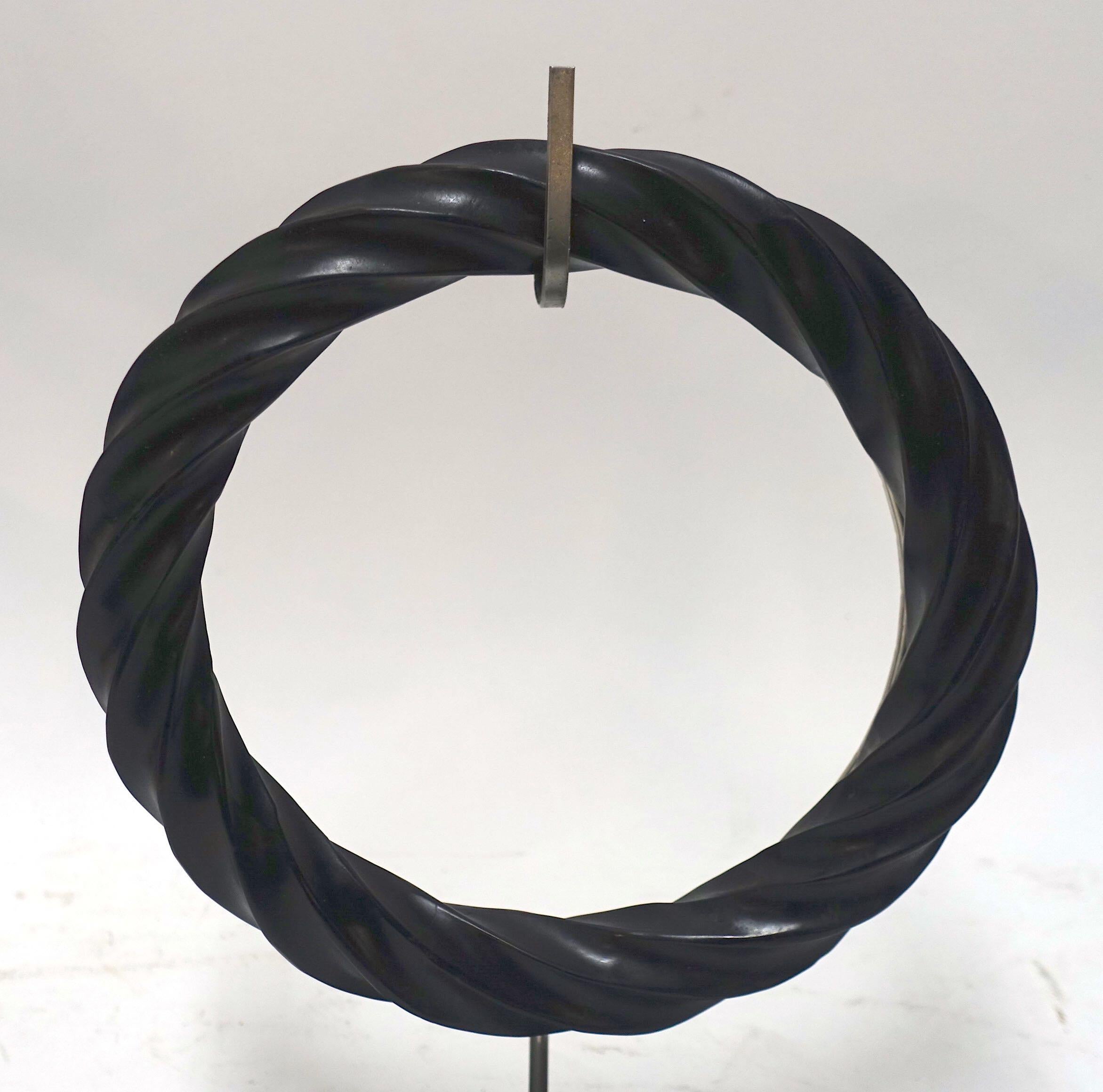 Pair of Black Twisted Marble Ring Sculptures on Stands, China, Contemporary In New Condition In New York, NY