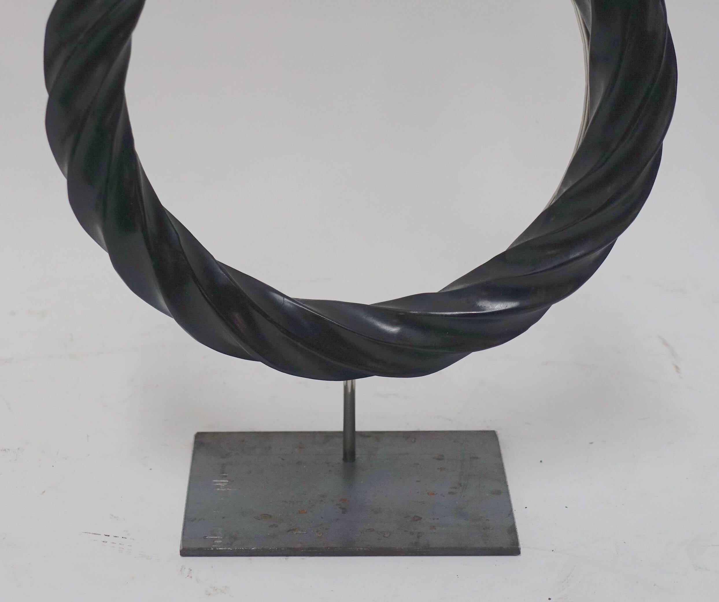 Pair of Black Twisted Marble Ring Sculptures on Stands, China, Contemporary 1
