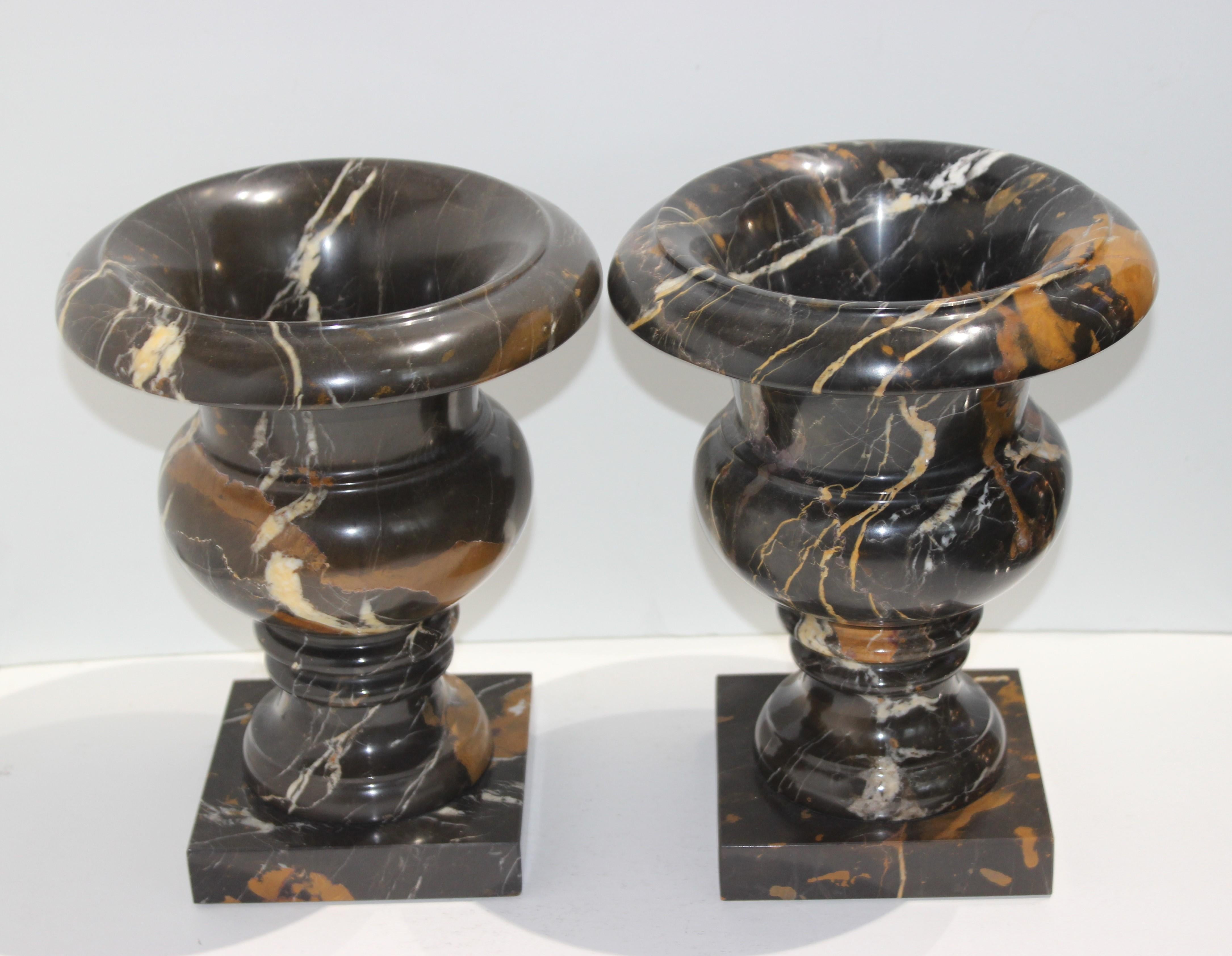 Neoclassical Revival Pair of Black Variegated Marble Campana Form Urns