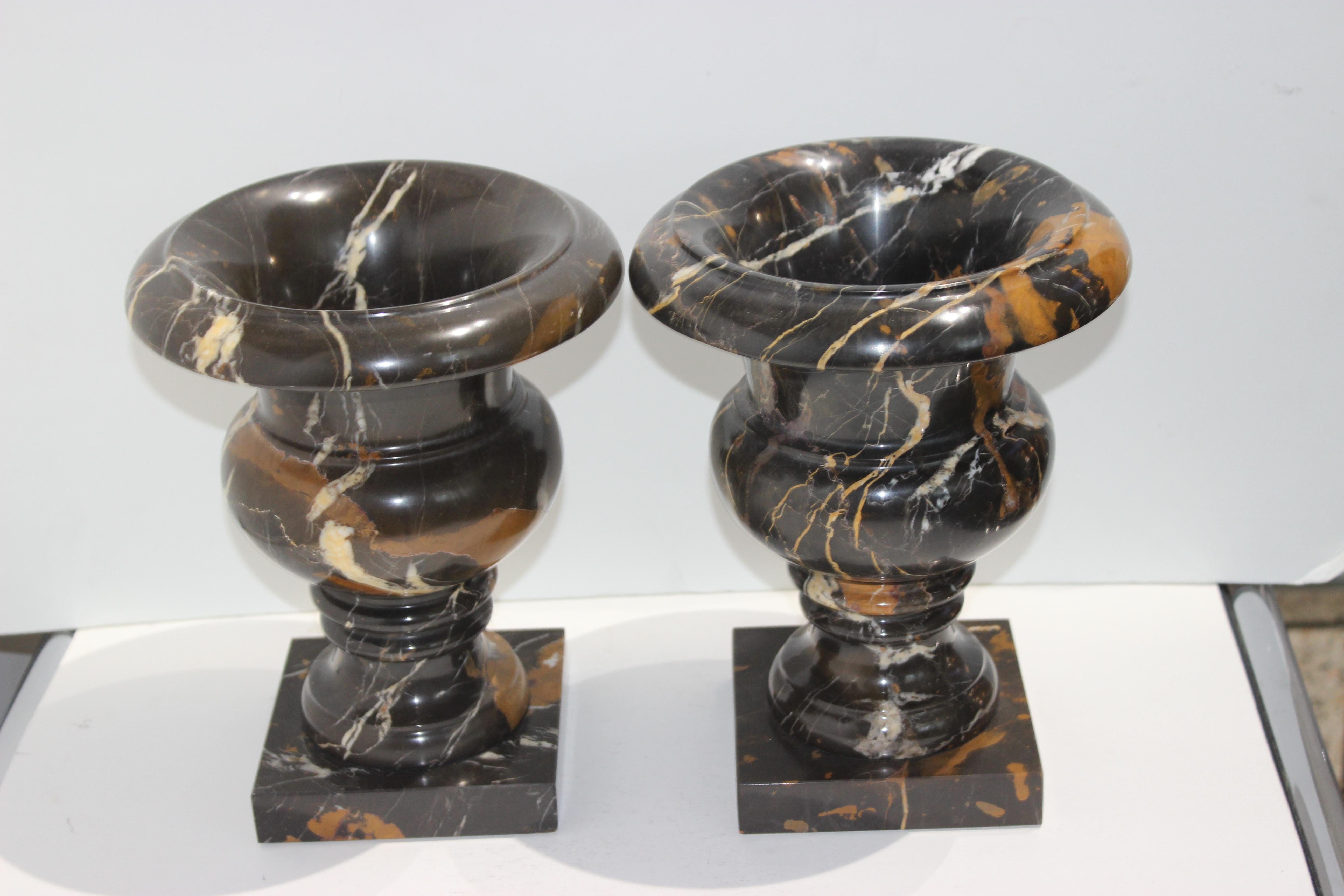 Italian Pair of Black Variegated Marble Campana Form Urns