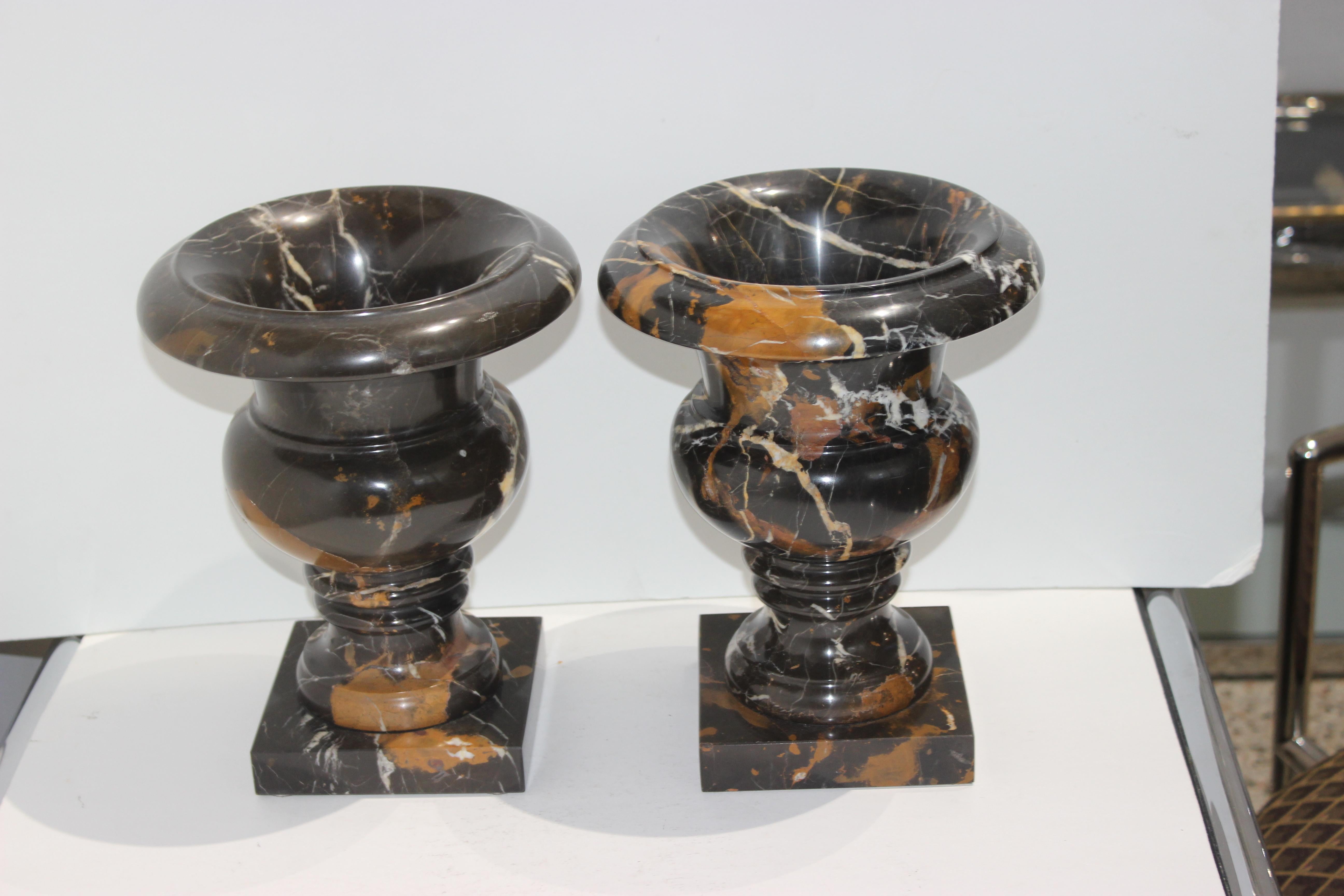 Hand-Crafted Pair of Black Variegated Marble Campana Form Urns