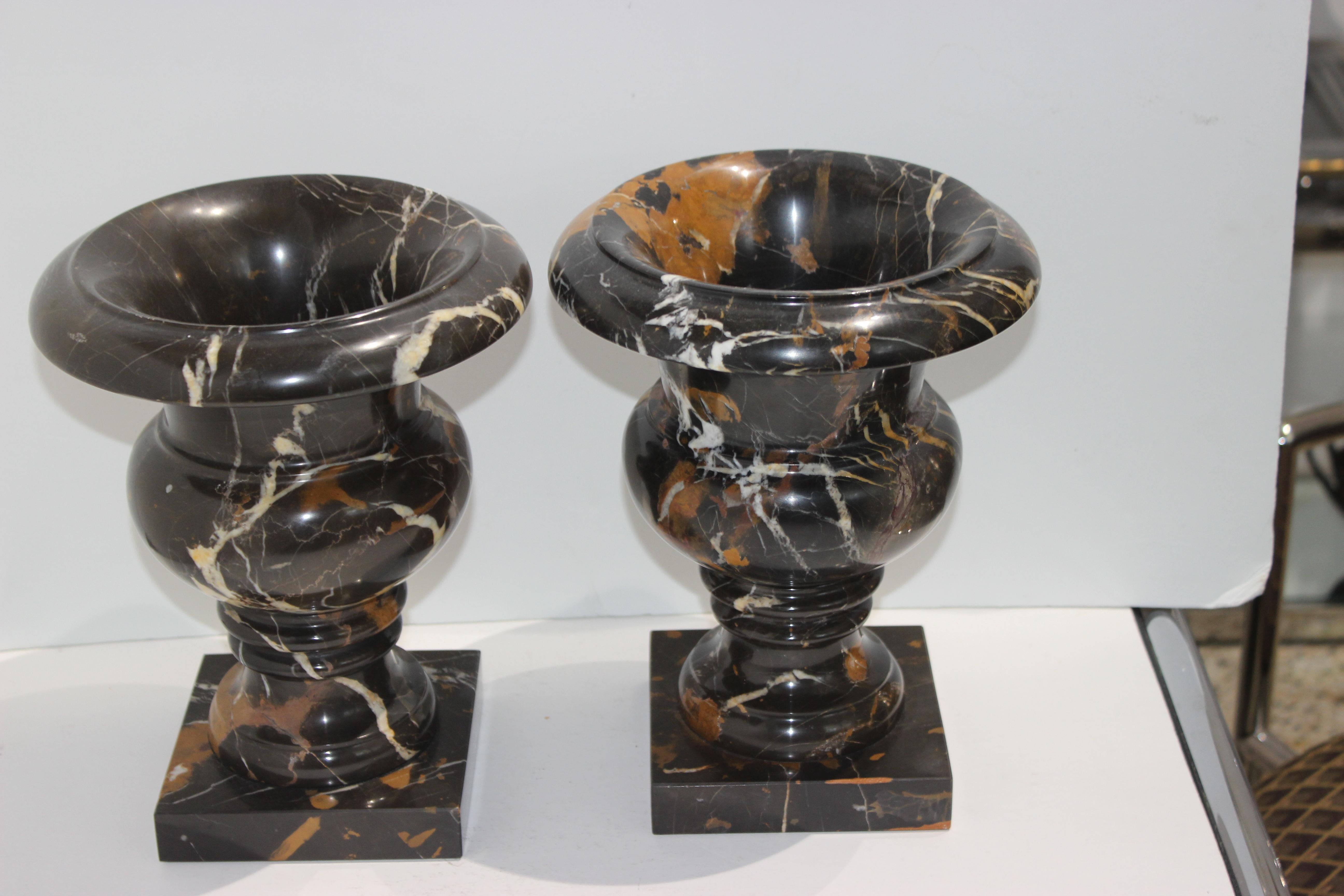 Pair of Black Variegated Marble Campana Form Urns In Good Condition In West Palm Beach, FL