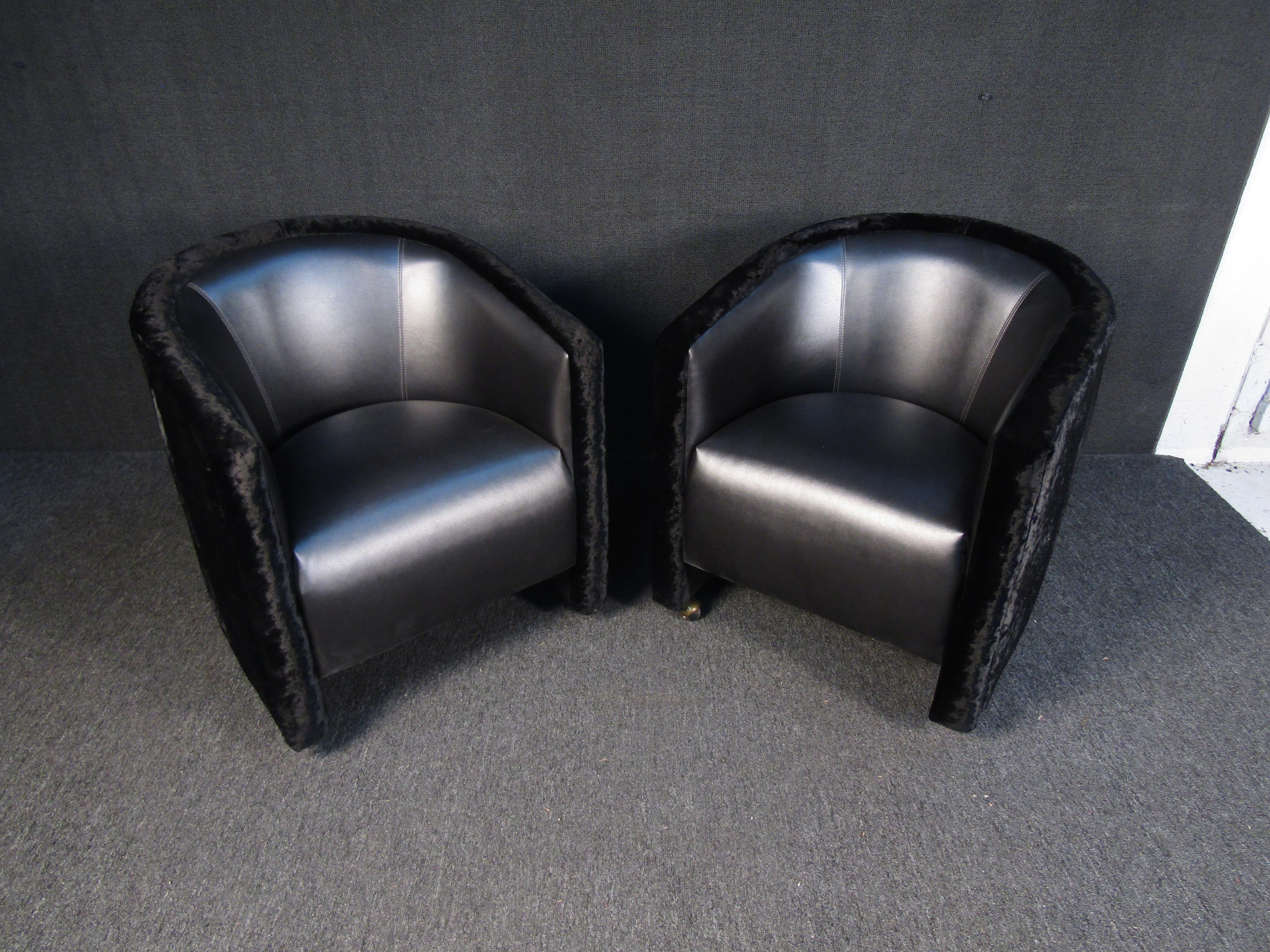 American Pair of Black Vintage Club Chairs in Velvet and Vinyl For Sale
