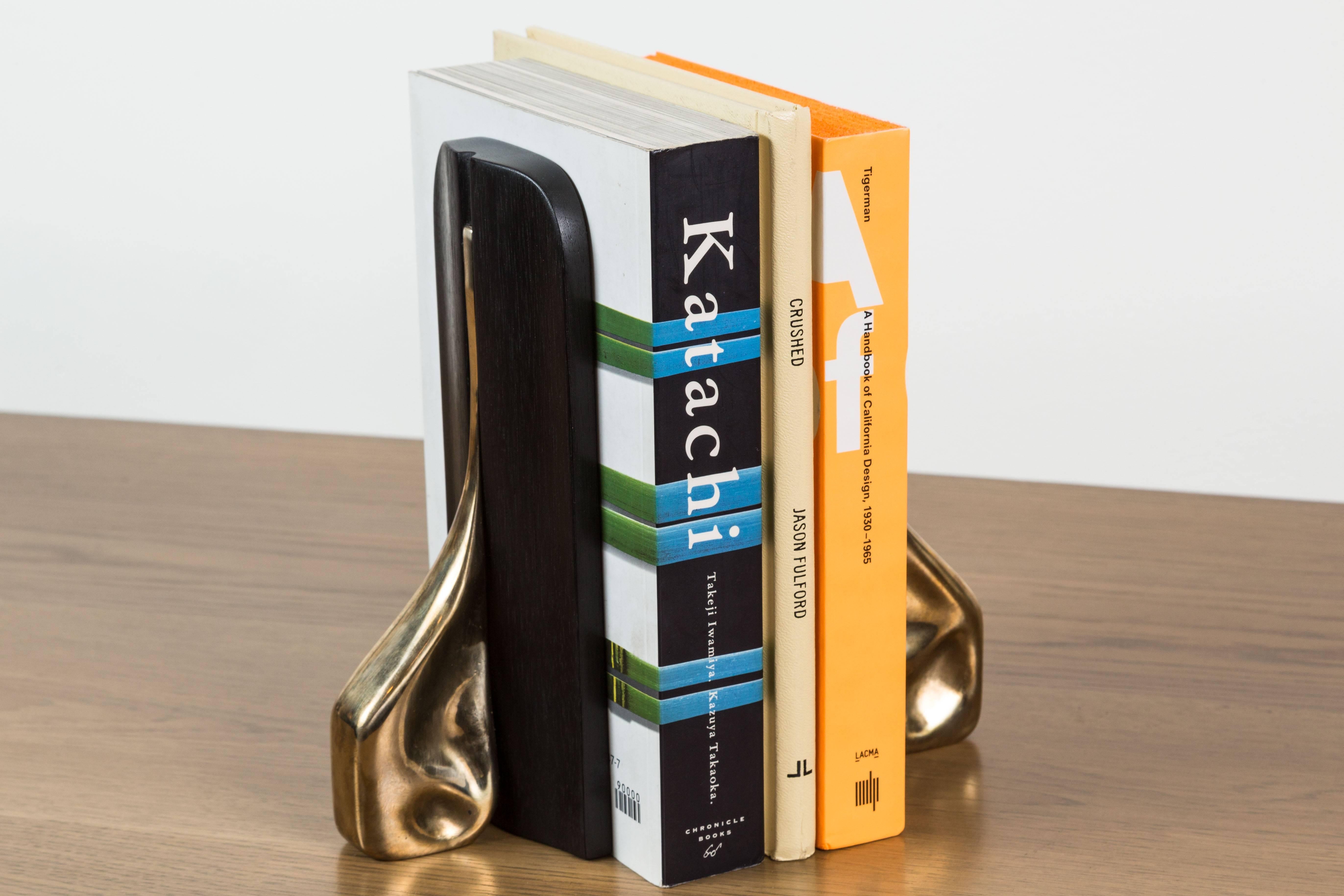Mid-Century Modern Pair of Black Walnut and Cast Bronze Bookends by Vincent Pocsik, in Stock