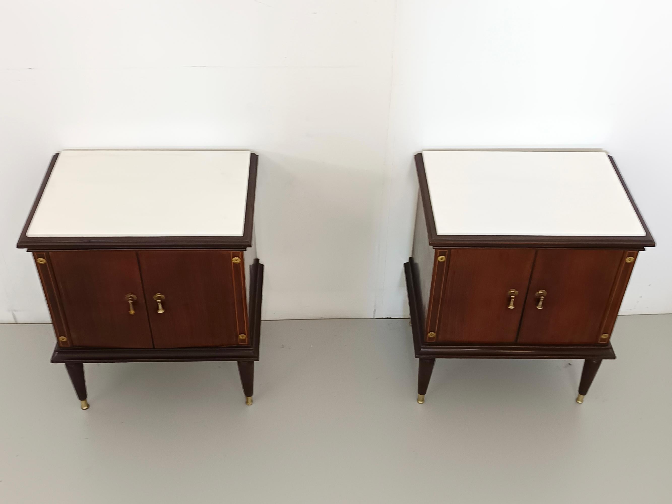 Italian Pair of Black Walnut Nightstands with Marble Top ascr. to Paolo Buffa, Italy For Sale